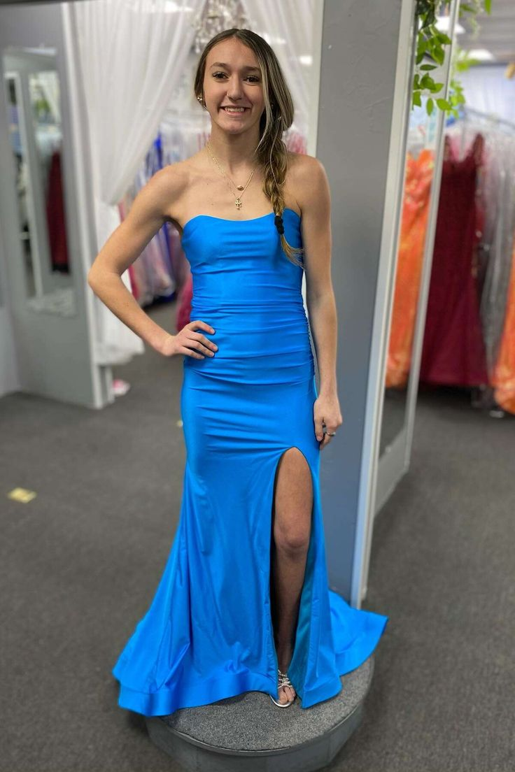 Elegant Blue Mermaid Slit Long Formal Prom Dress - Evening Party Gown J6047 for Homecoming, Wedding, and Special Occasions
