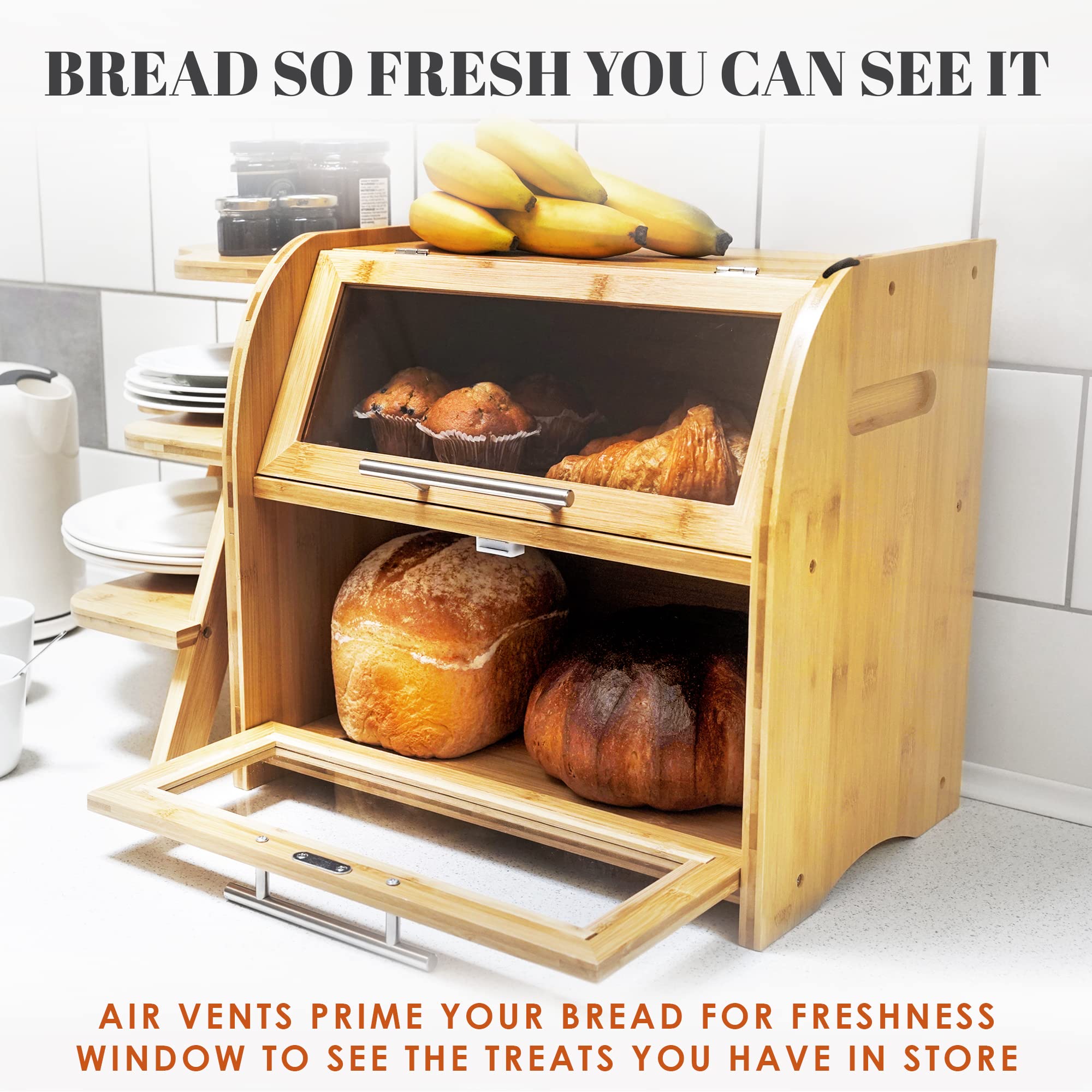 Stylish Bamboo Bread Box for Kitchen Countertop - Extra Large 2-Tier Wooden Bread Storage Container with Clear View Windows & Air Vents | Keeps Bread, Bagels, Rolls Fresh Longer | Easy Assembly | Perfect for Home Bakeries, Restaurants & Cafés