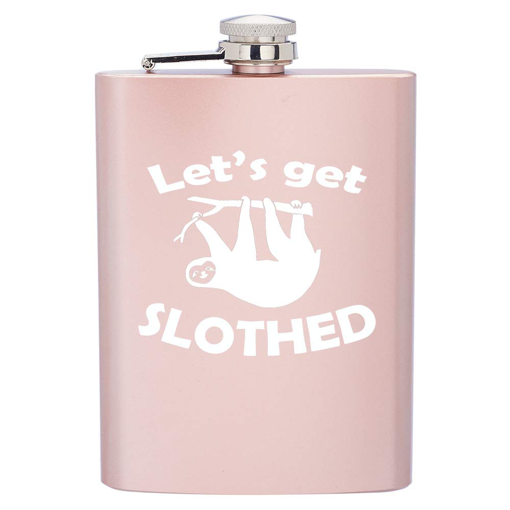 8 oz Rose Gold Stainless Steel Hip Flask with Funnel - Funny 'Let's Get Slothed' Gift for Men & Women - Perfect for Parties, Camping, and Outdoor Adventures
