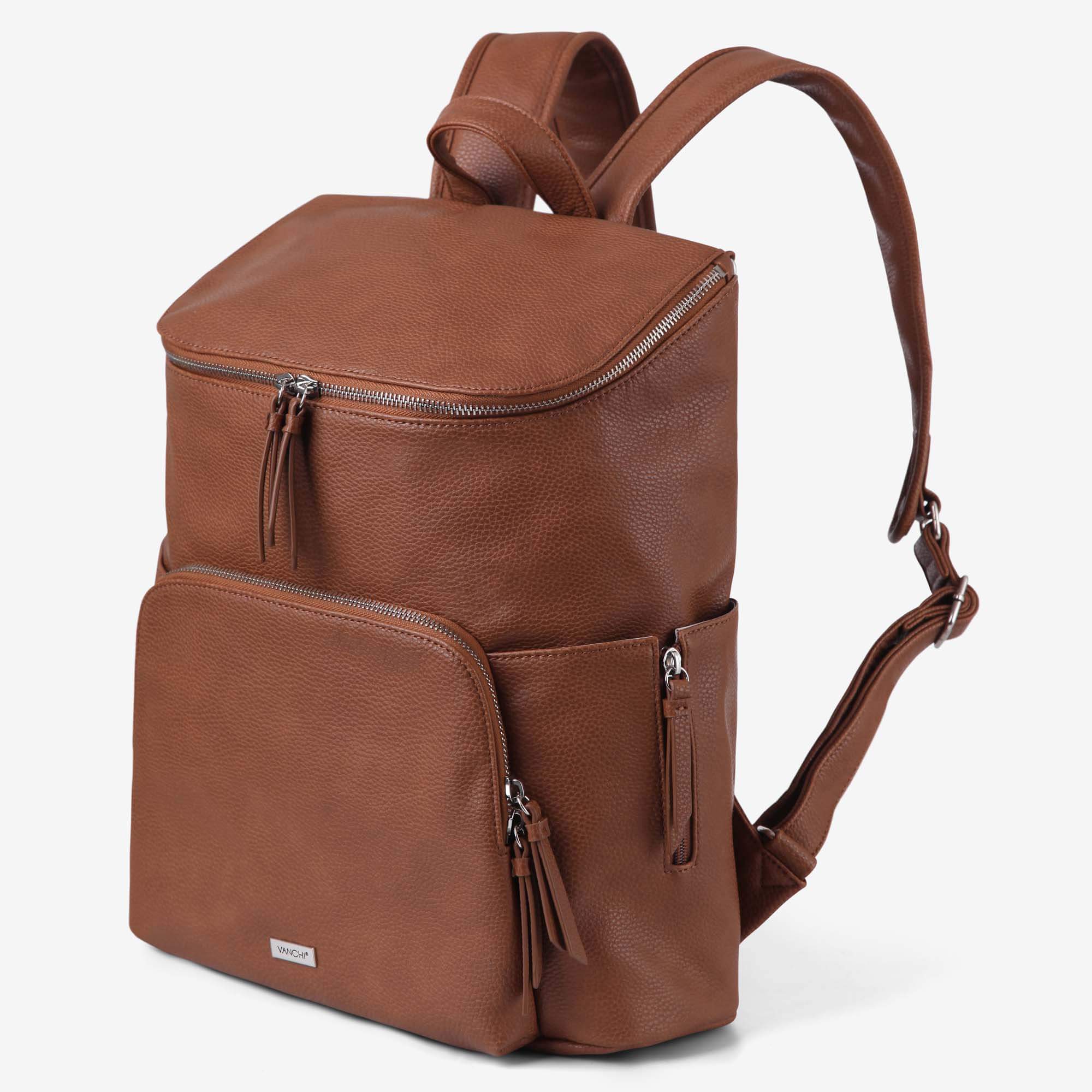 Vanchi Vegan Leather Frankie Everyday Backpack for Women & Men - Pebbled Tan - Stylish Laptop Bag for Work, Travel & College