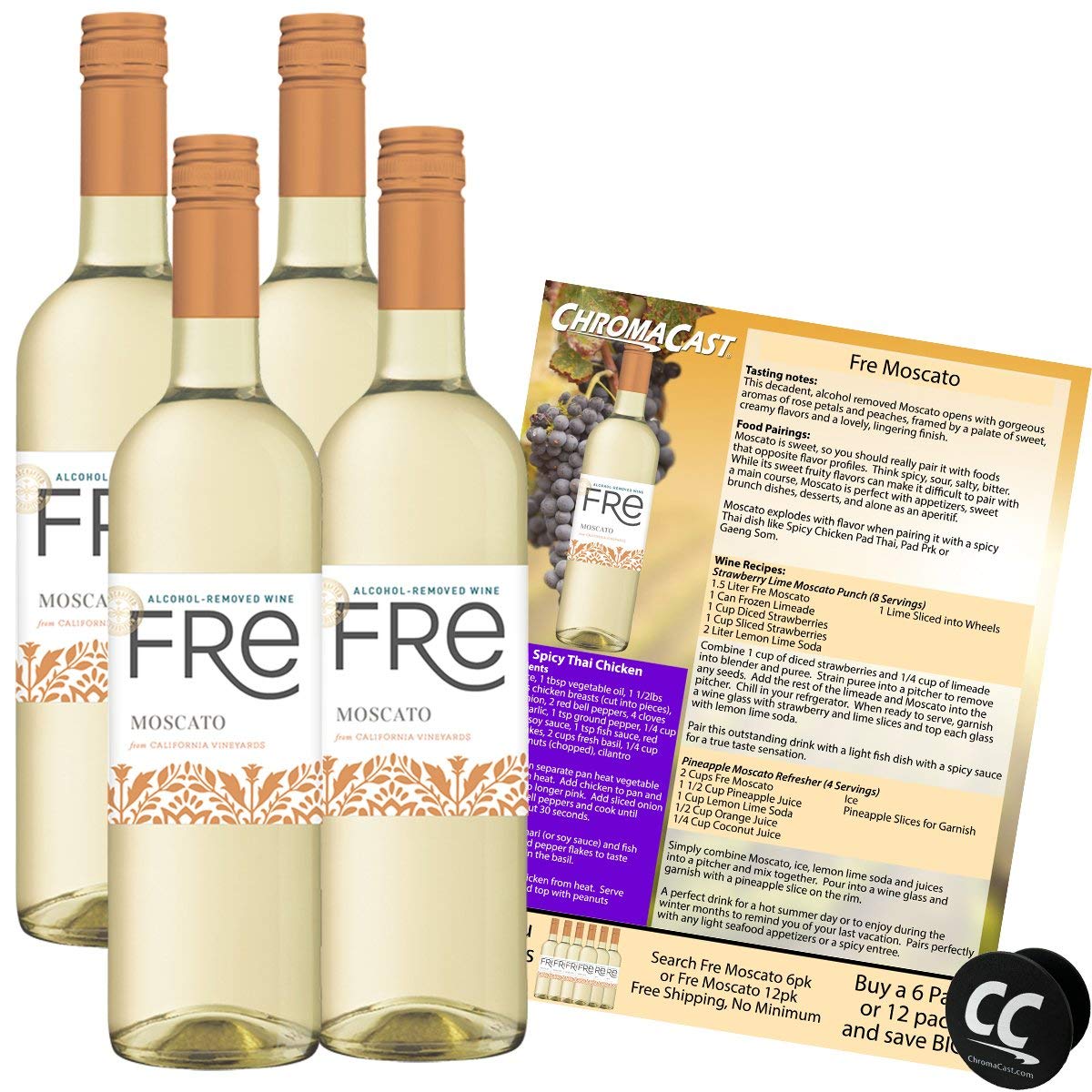 Sutter Home Fre Moscato Non-Alcoholic Wine Bundle - 4 Pack (750ML Bottles) with Phone Grip, Seasonal Pairing Guide & Recipes | Perfect for Parties, Gifts & Alcohol-Free Celebrations