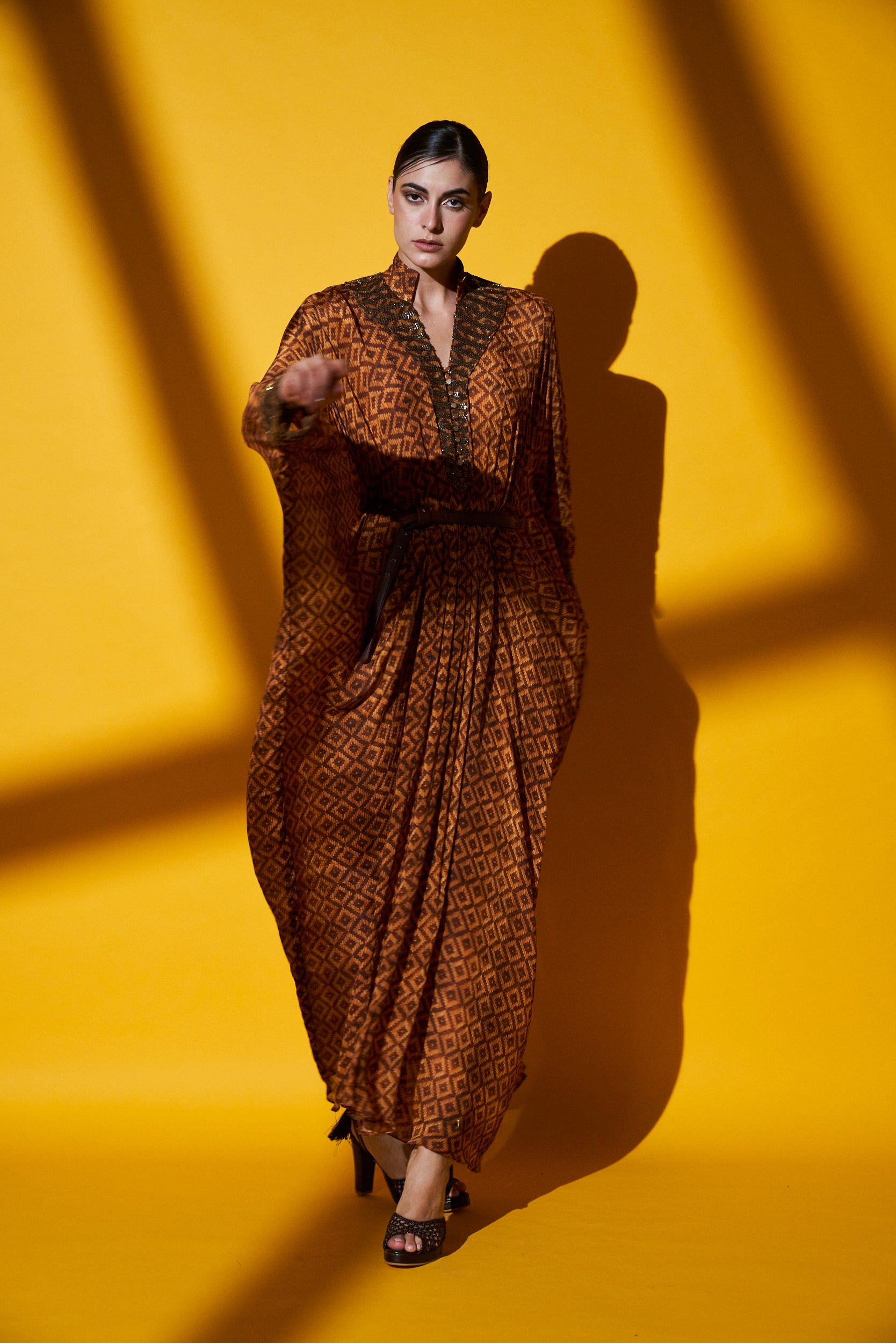 Archana Puran Singh Beige Brown Basket Weave Print Pleated Maxi Dress with Embroidered Belt - Elegant Boho Chic Dress for Summer Parties, Weddings & Beach Vacations