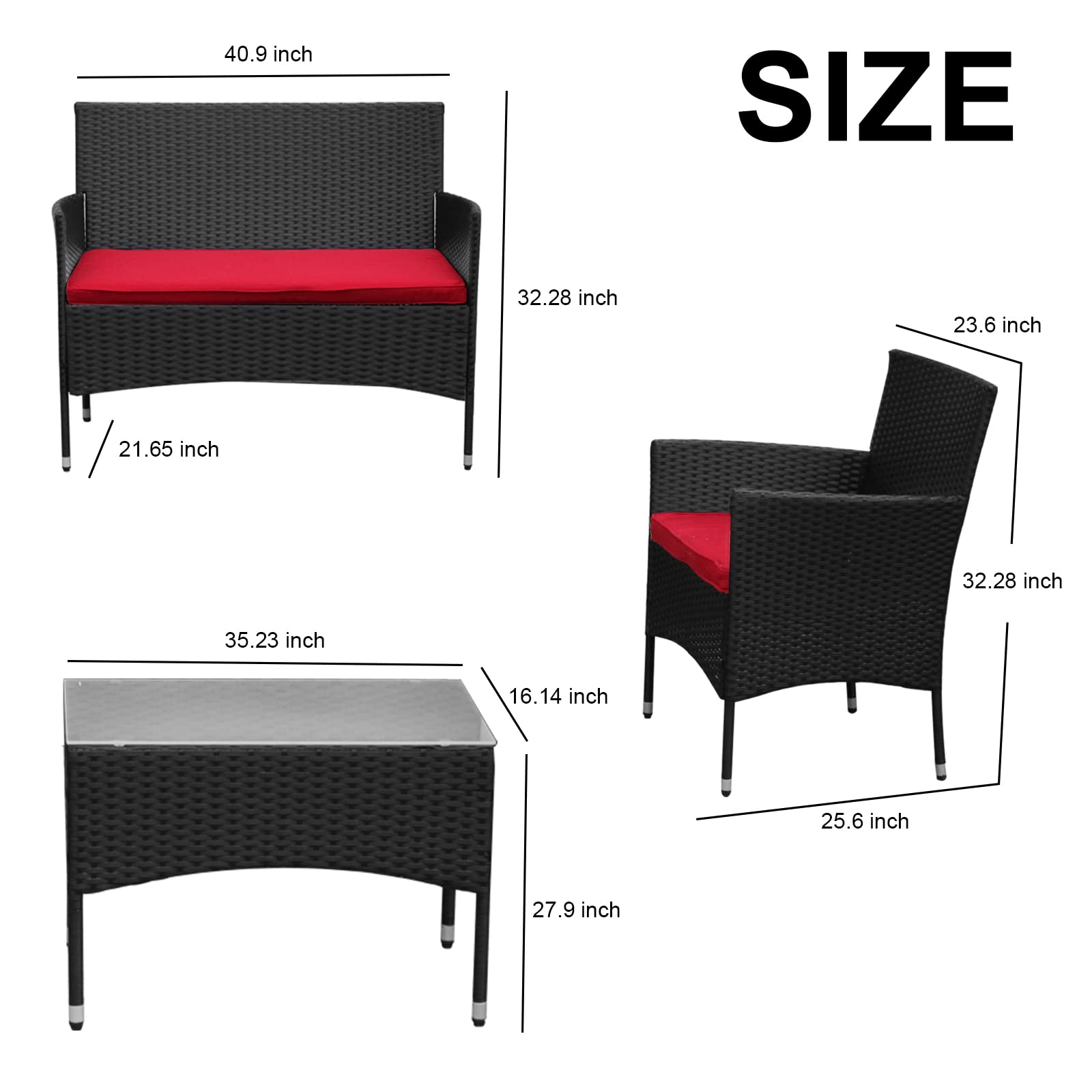 4-Piece Patio Rattan Sofa Set with Cushions - Outdoor Wicker Furniture Conversation Set with Glass Coffee Table for Backyard, Poolside, Garden & Porch Relaxation