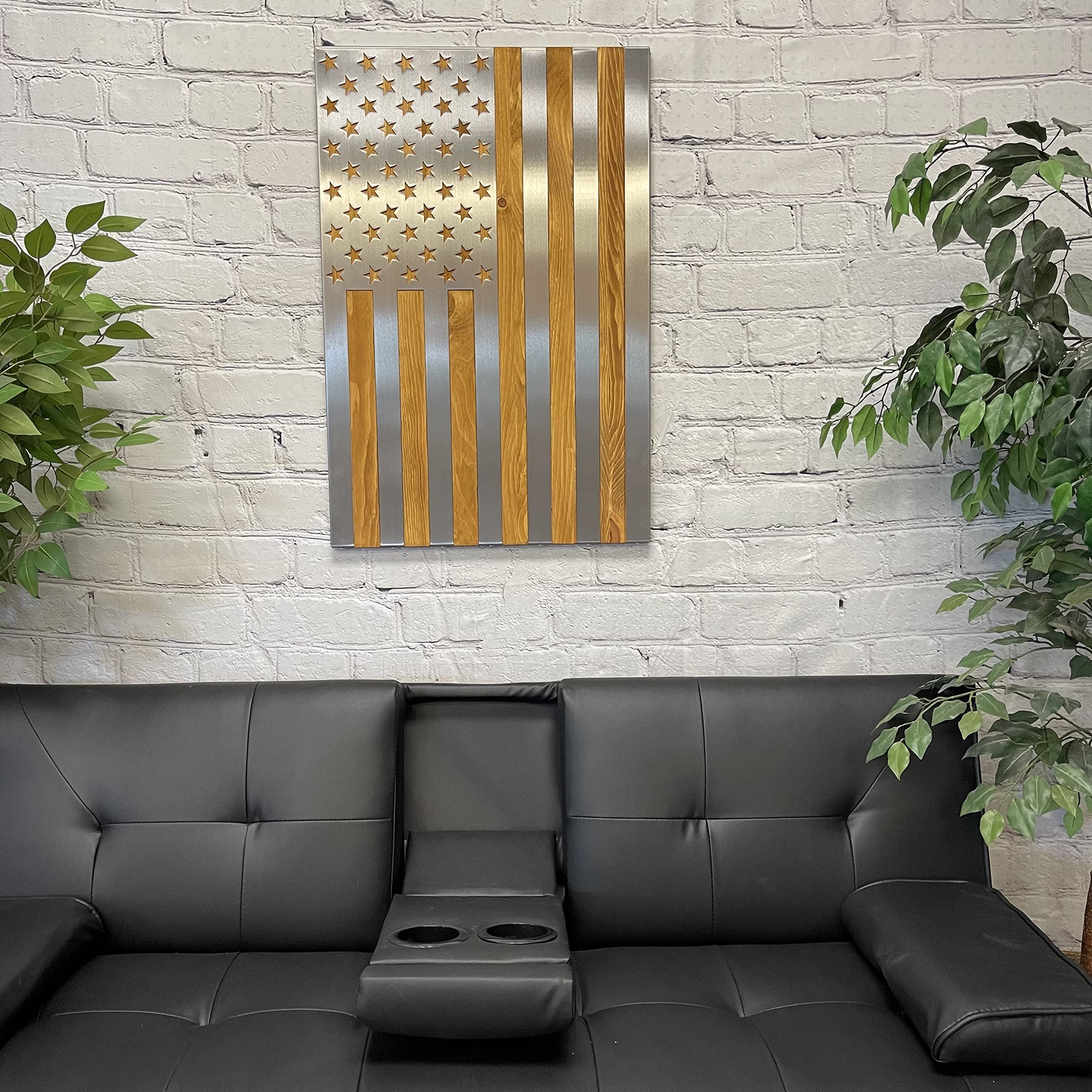Burnt & Oiled Pine with Polished Steel Inlay American Flag Wall Art - Rustic Patriotic Home Decor for Living Room, Office & Man Cave