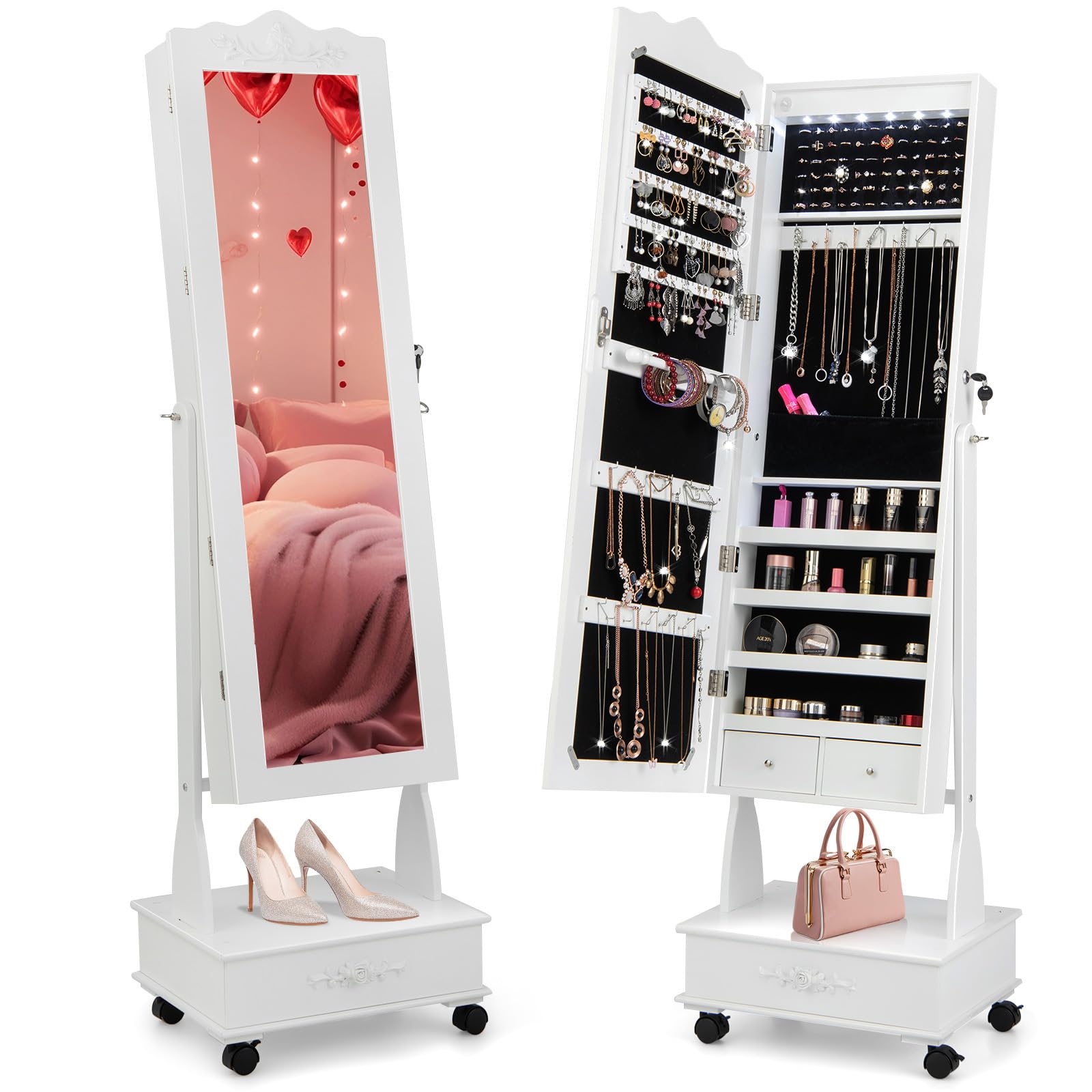 CHARMAID Rolling Jewelry Armoire with Full-Length Mirror - Lockable Standing Jewelry Cabinet with LED Lights & Wheels - 10-Drawer Jewelry Organizer with Storage - White - Perfect for Bedroom, Closet & Dressing Room Organization