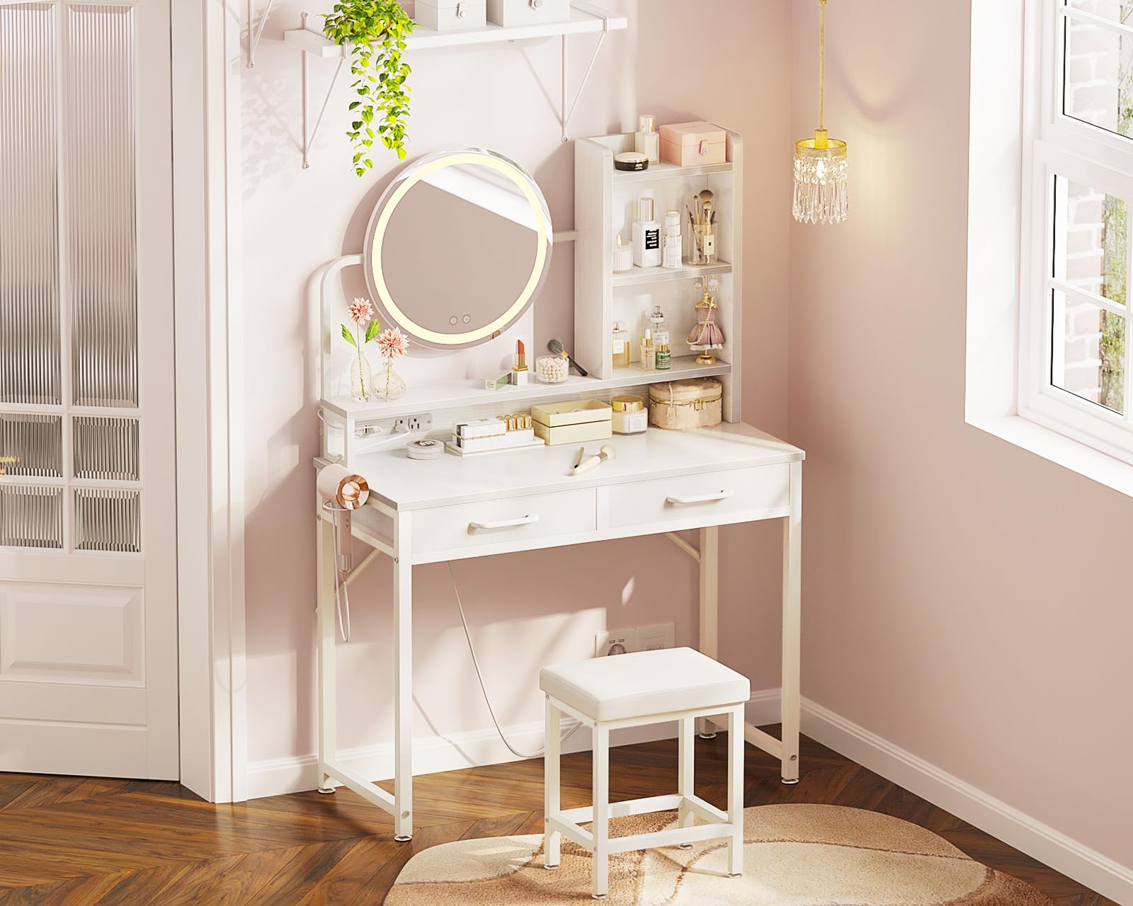 AODK 32 Inch Vanity Desk with Mirror and LED Lights, White Makeup Vanity Set with Fabric Drawers & Matching Chair - Perfect for Bedroom, Dressing Room or Small Space Makeup Station