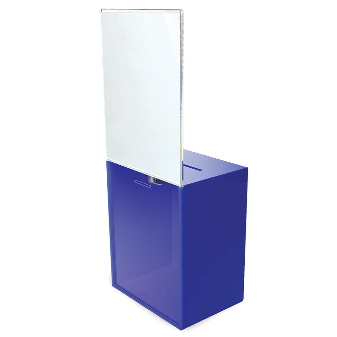 Large Clear Acrylic Donation Box with Lock - Blue Charity Collection Container for Churches, Schools & Fundraising Events
