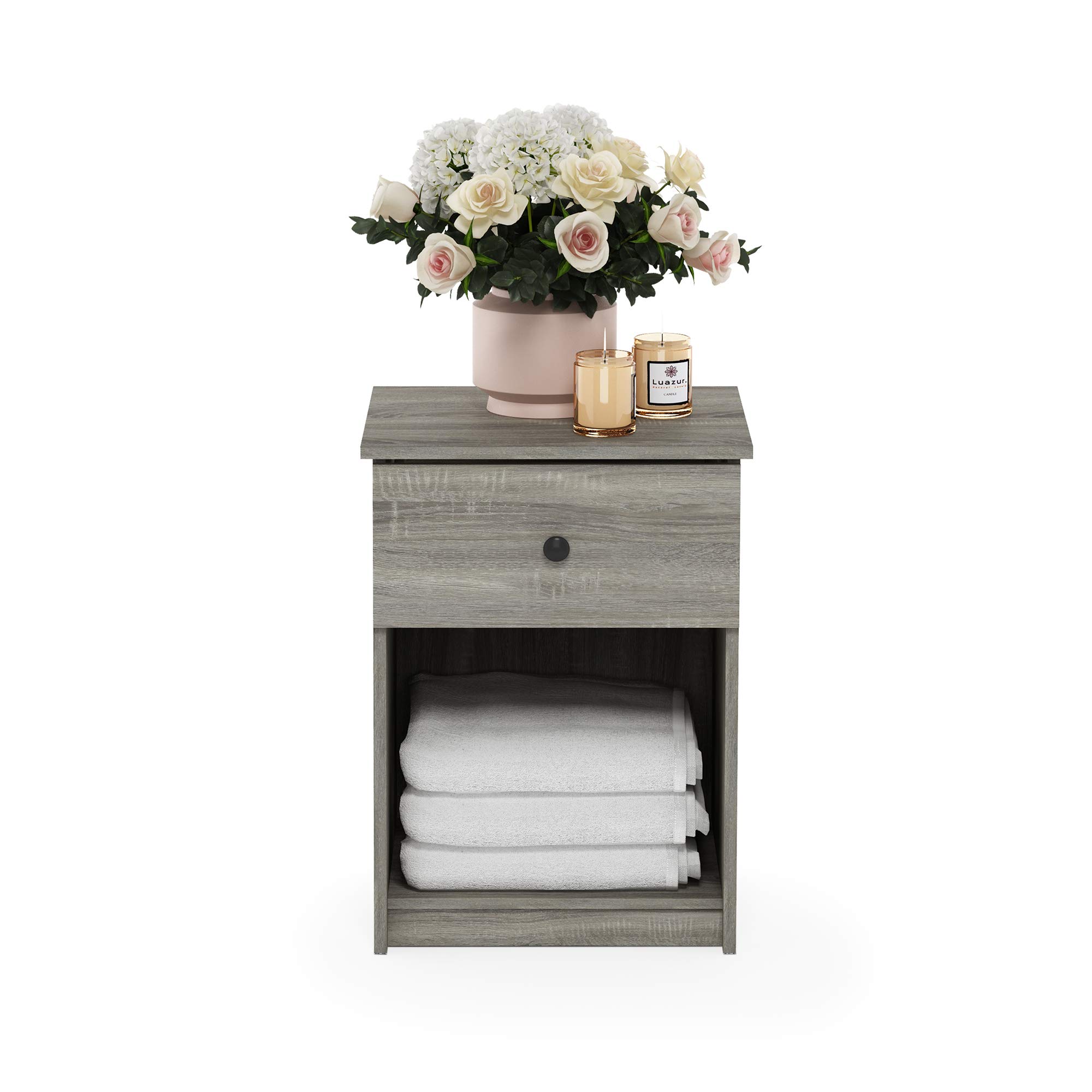 Furinno Tidur Nightstand, 1-Pack, French Oak Grey - Modern Bedside Table with Storage Shelf for Bedroom, Living Room, or Dorm - Compact Night Stand with Easy Assembly