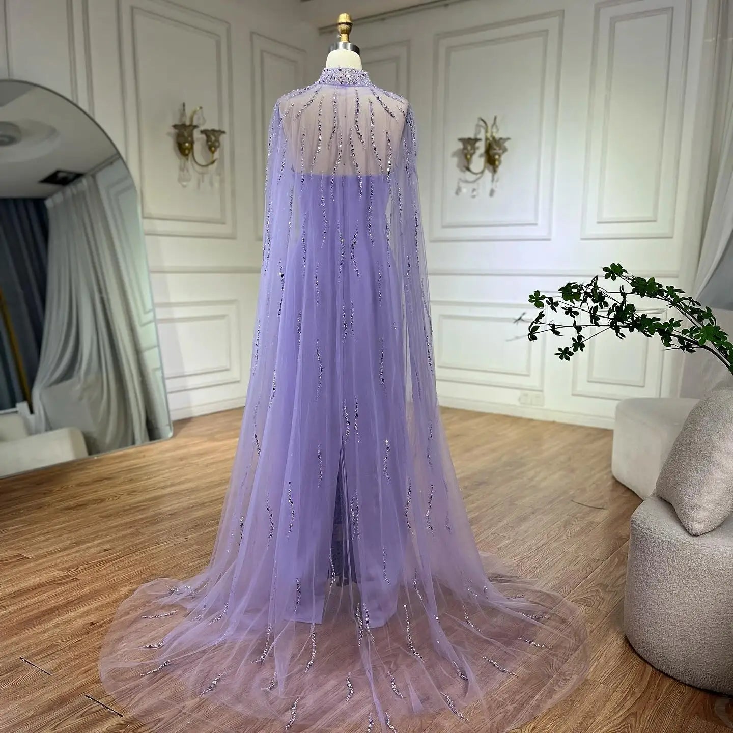 Elegant Lilac Evening Dresses with Luxury Beaded Long Cape Gown for Women - Formal Party, Prom, Wedding Guest Dress - LA72828