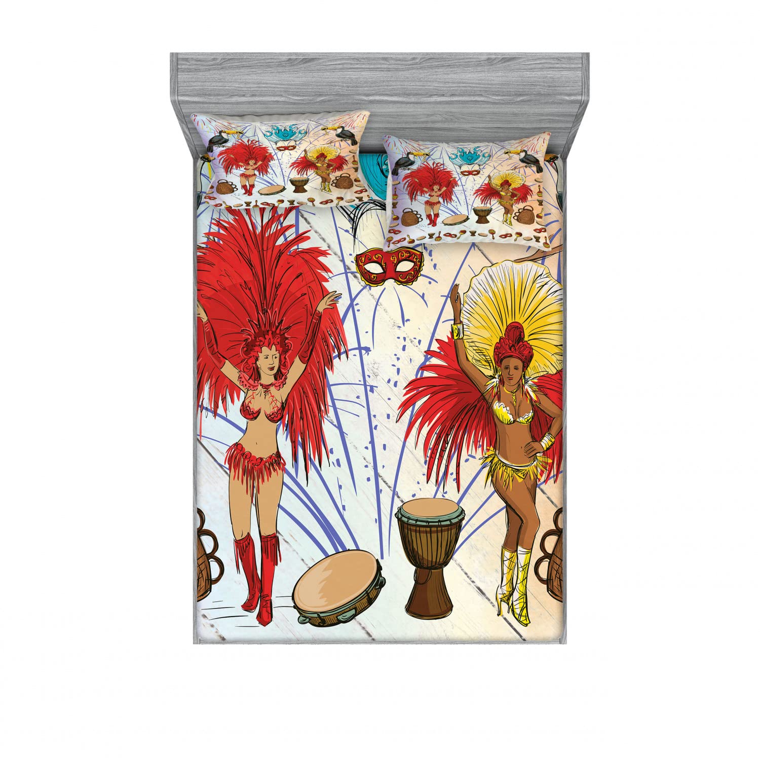 Ambesonne Brazil 2-Pack Fitted Sheet & Pillow Sham Set - Rio Carnival Theme, 4-Piece Bedding Decor (2 Twin XL Fitted Sheets & 4 Pillow Covers) - Vibrant Multicolor Design for Tropical Bedroom Decor | Perfect for Carnival Parties, Brazilian-Themed Rooms & Vacation Home Styling