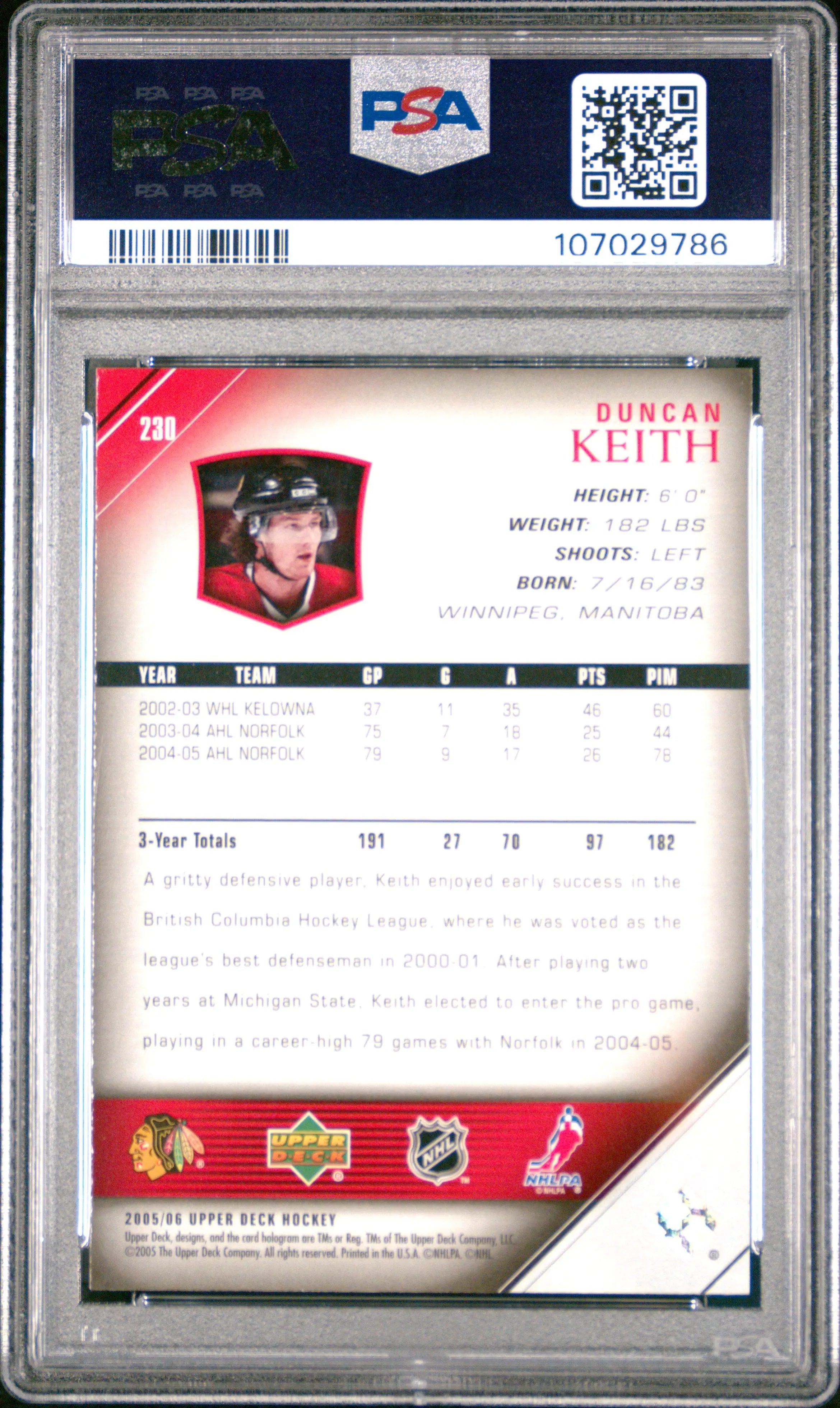 2005-06 Upper Deck Hockey Duncan Keith Young Guns Rookie Card PSA 10 Gem Mint - Perfect for Hockey Card Collectors & Chicago Blackhawks Fans