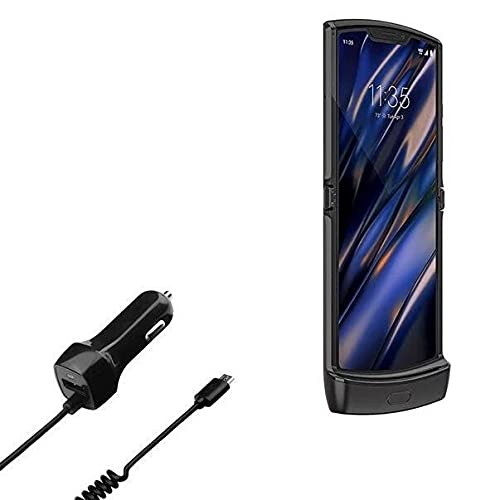 BoxWave Dual USB Car Charger for Motorola Razr (2019) - Fast Charging with Integrated Cable & Extra Port - Black | Perfect for Road Trips & Daily Commutes