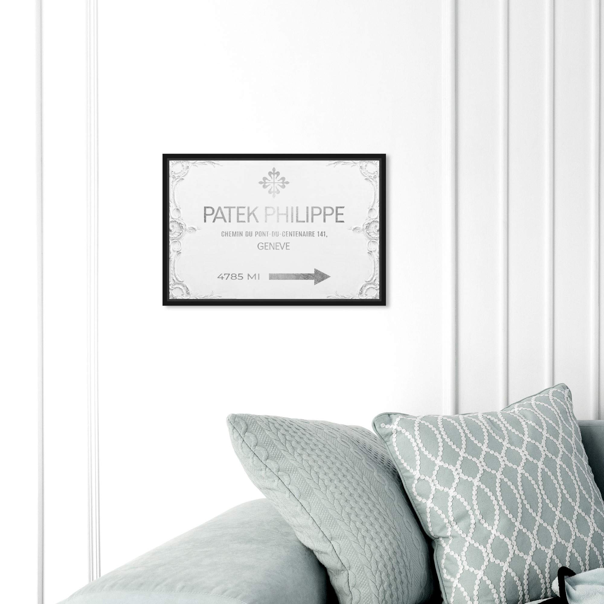 Oliver Gal Artist Co. Fashion & Glam Wall Art - Framed Canvas Print 'Geneva Watches' Road Signs Decor - 15x10 Inches Gray & White - Perfect for Living Room, Bedroom & Office Décor