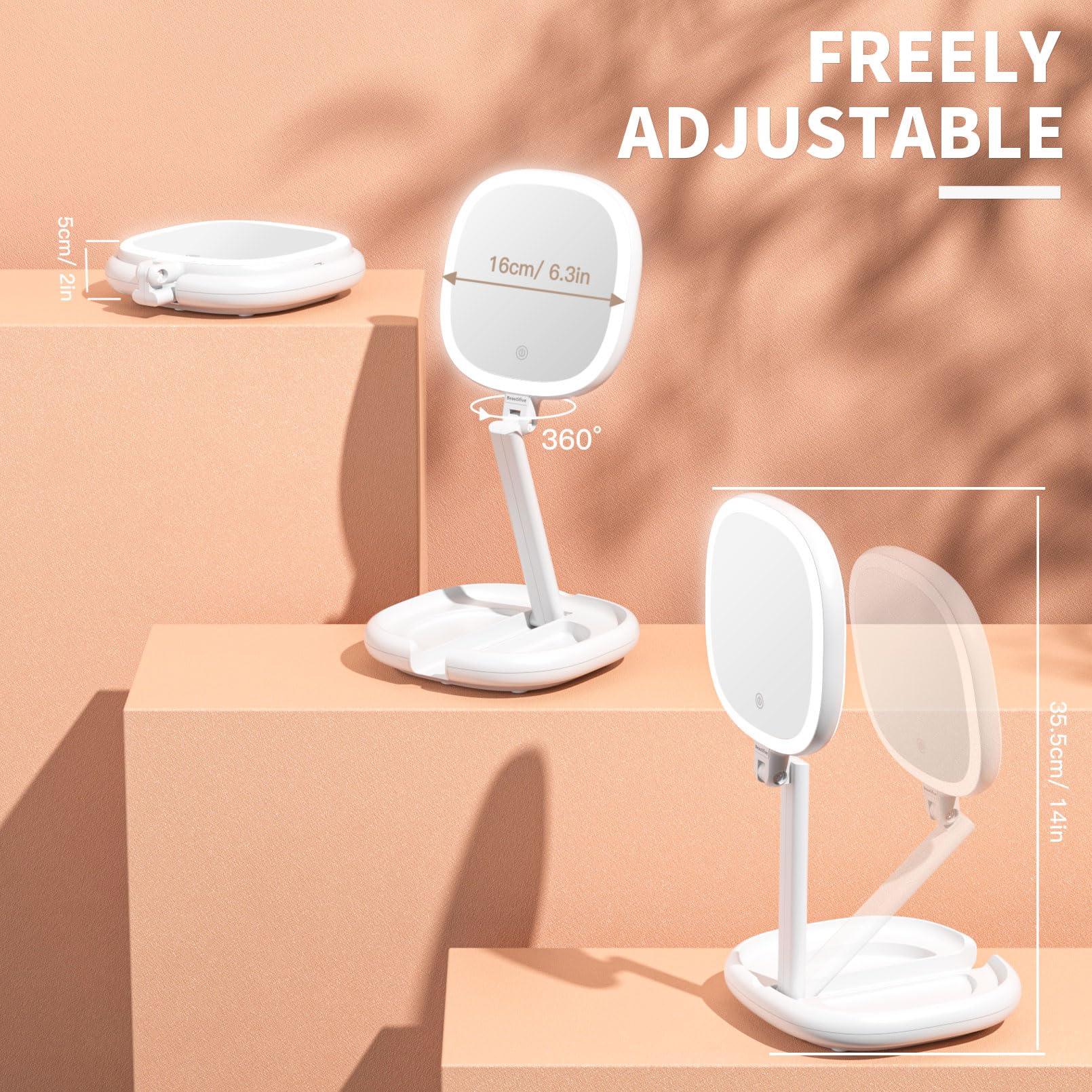 Beautifive LED Illuminated Makeup Mirror with Adjustable Brightness - 180° Swivel & Height Adjustable Double-Sided Magnifying Vanity Mirror for Home, Travel & Professional Makeup Application