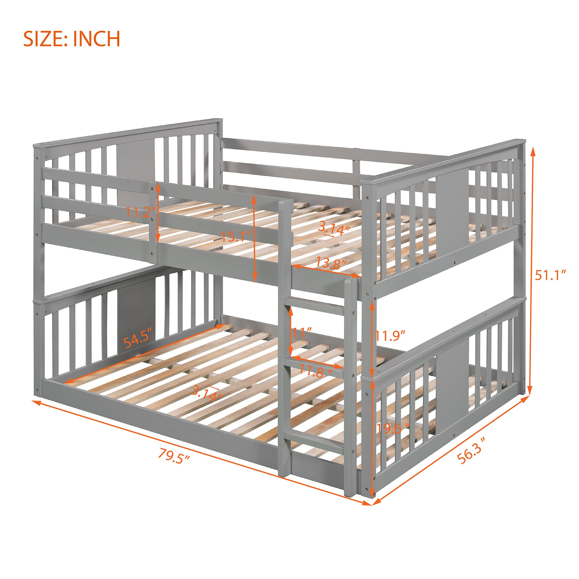 Harper & Bright Designs Wooden Full Over Full Low Bunk Bed with Ladder - Sturdy Floor Bunk Bed Frame for Kids & Toddlers, No Box Spring Needed, Slat Support Included (Grey) - Perfect for Small Bedrooms, Guest Rooms & Space-Saving Kids' Rooms