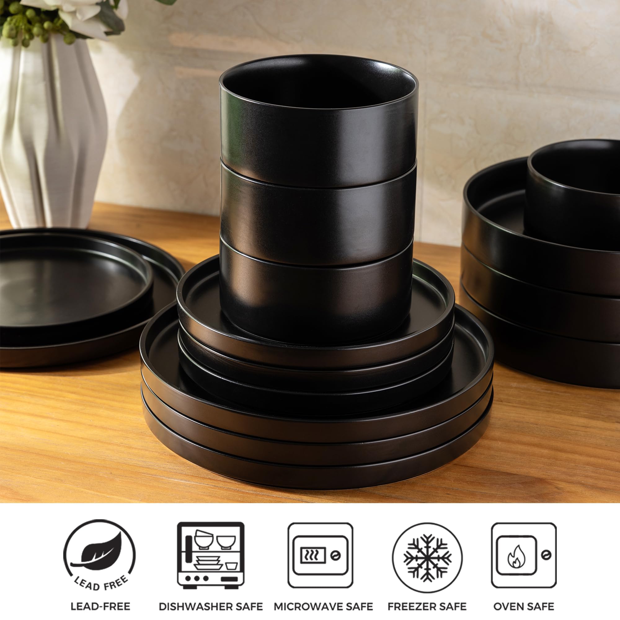 GBHOME 16-Piece Stoneware Dinnerware Set for 4 - Chip & Scratch Resistant Ceramic Plates & Bowls - Dishwasher, Microwave & Oven Safe - Reactive Glaze Black - Perfect for Family Dinners, Entertaining & Everyday Use