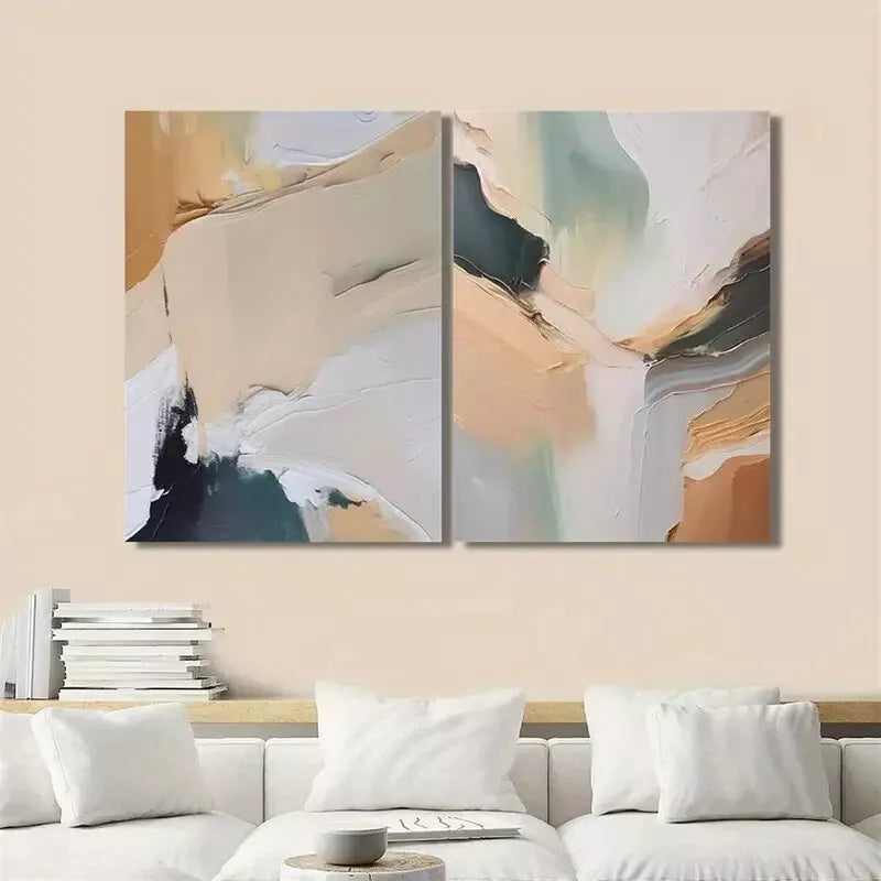 2-Piece Beige Green Modern Abstract Oil Painting Canvas Wall Art - 50x75cm Framed High-Quality Print - 100% Australian Made - Ready to Hang - Perfect for Living Room, Bedroom & Office Decor