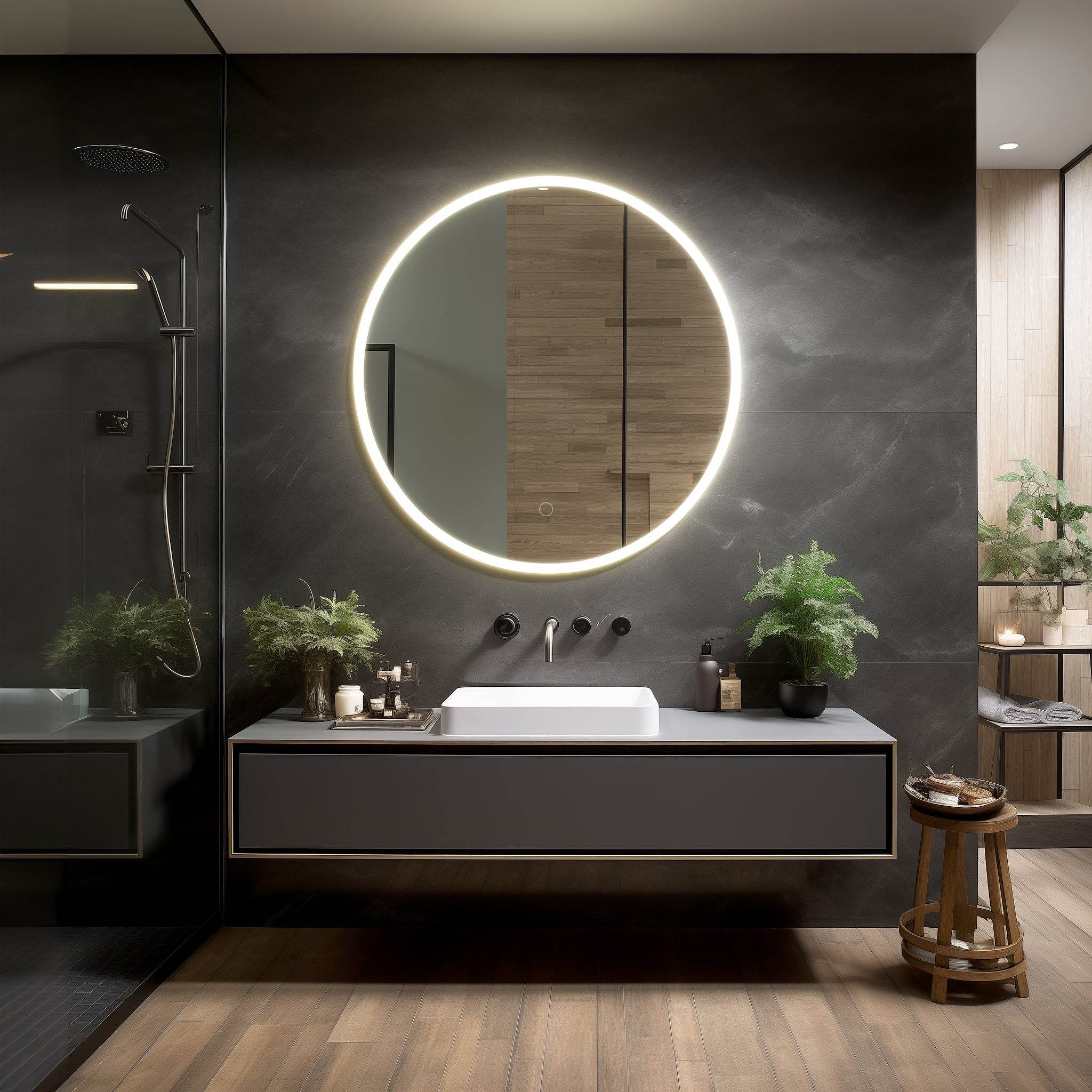 Premium Onyx Round Frameless LED Bathroom Mirror with Defogger - Touch Control & Adjustable Lighting (12