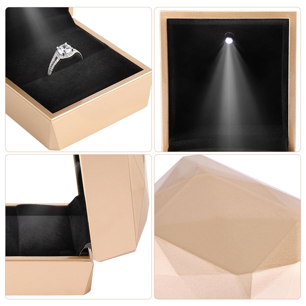 iSuperb LED Light Square Ring Box - Elegant Jewelry Gift Box for Engagement, Wedding & Anniversary Proposals (Golden) | Perfect for Romantic Surprises & Special Occasions