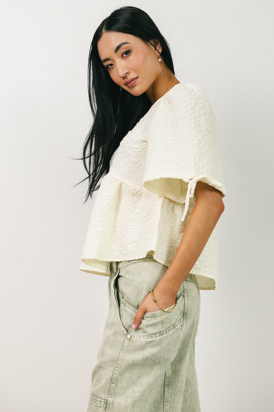 Alessia Peplum Top Women's Fashion Blouse Cream Color - Perfect for Casual Outings, Office Wear & Date Nights