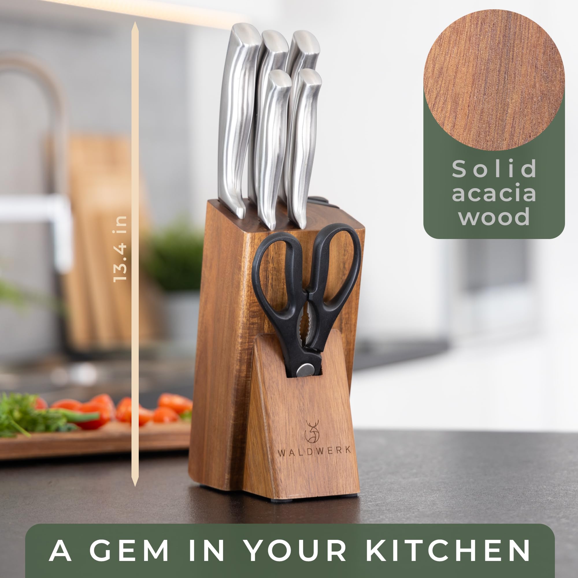Premium WALDWERK 7-Piece Kitchen Knife Set with Wooden Block & Built-in Sharpener - High-Quality Stainless Steel Knives for Chefs & Home Cooking - Perfect for Slicing, Dicing & Meal Prep