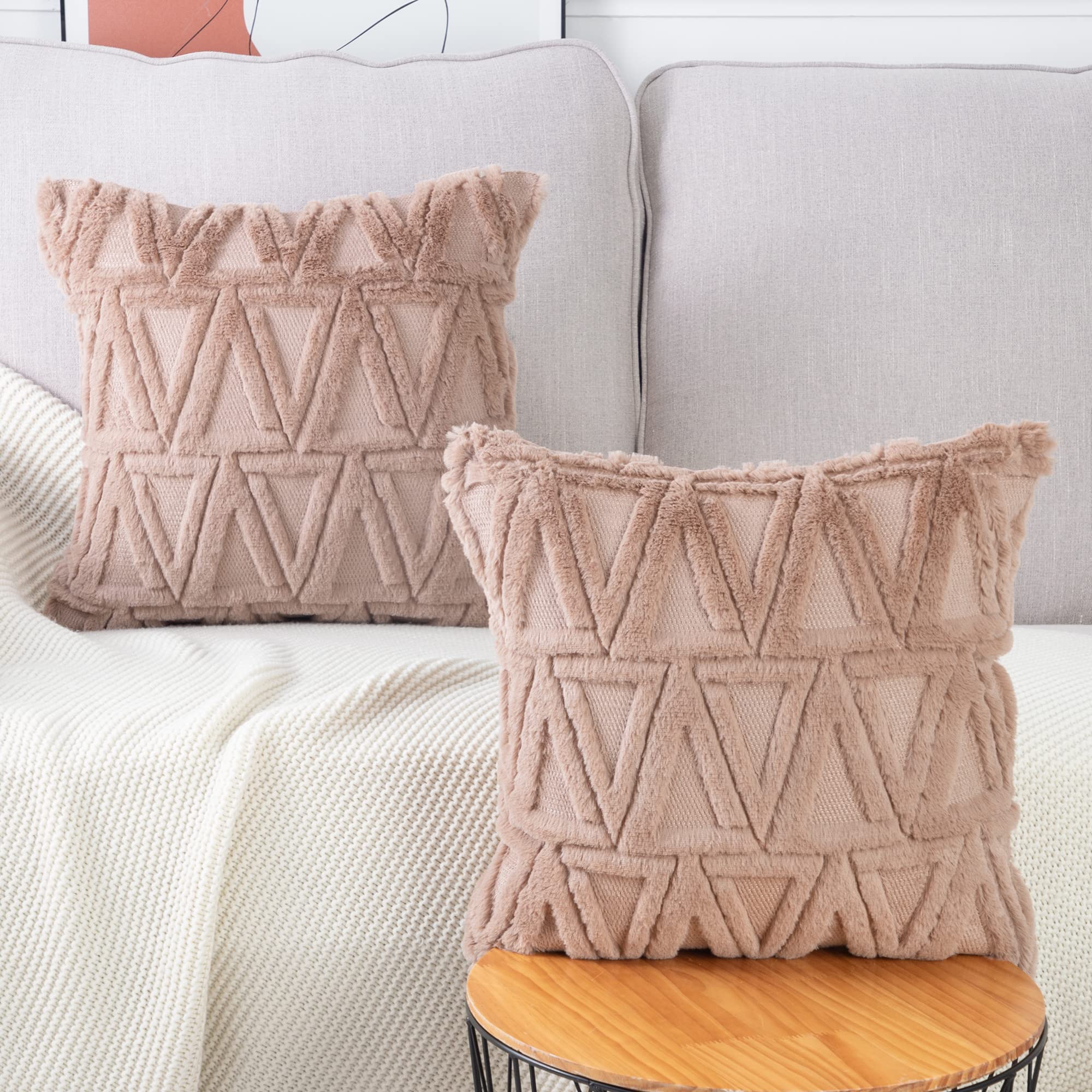 Super Soft Brown Plush Short Wool Throw Pillow Covers Set of 2 - Boho Velvet Decorative Textured Pillowcases for Sofa, Bedroom, Living Room - 20x20 Inch - Cozy Home Decor & Perfect for Relaxing