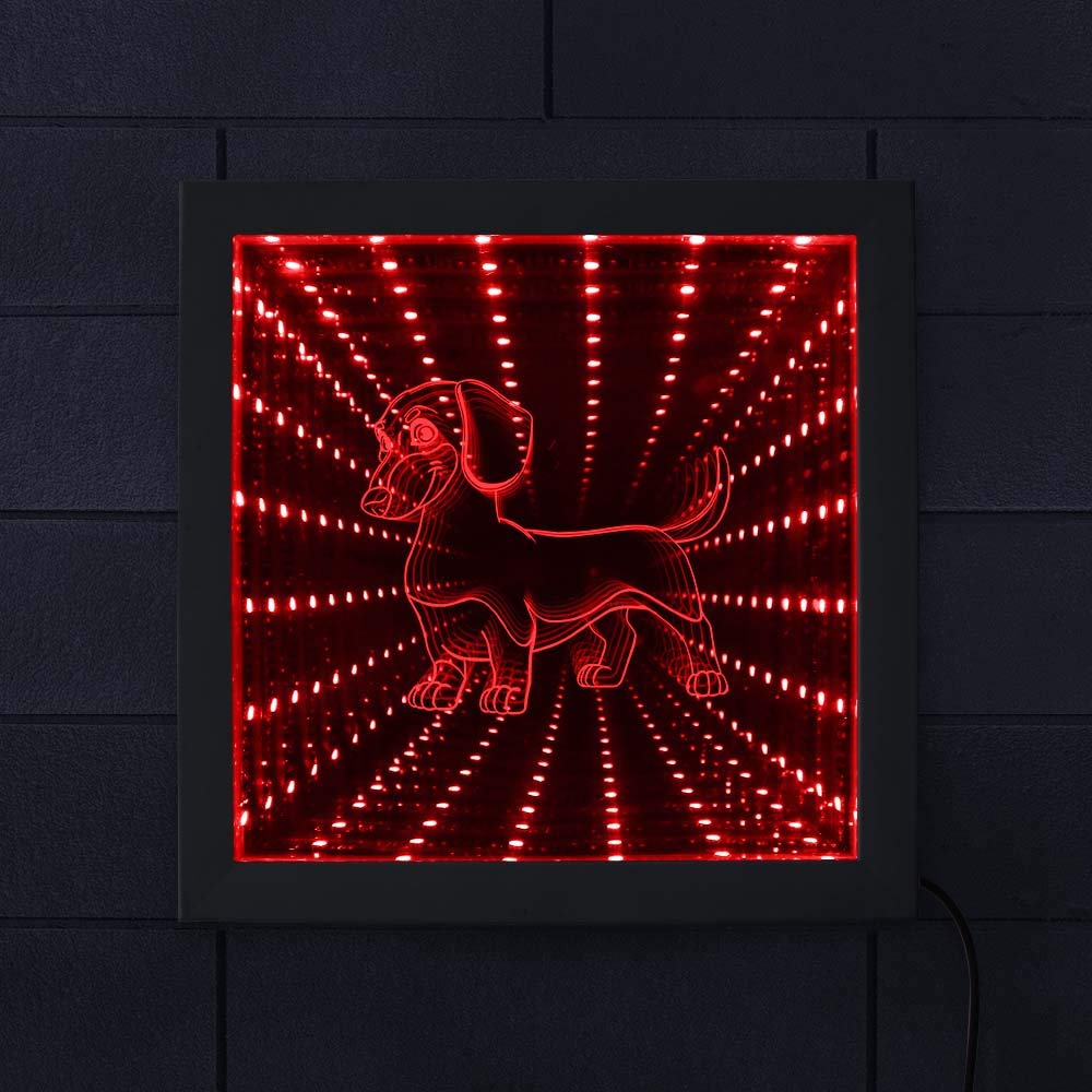 Dachshund LED Infinity Mirror Wall Art - Wood Frame Sausage Dog Neon Light Tunnel Lamp | Unique Wiener-Dog Illuminated Home Decor for Living Room, Bedroom & Office