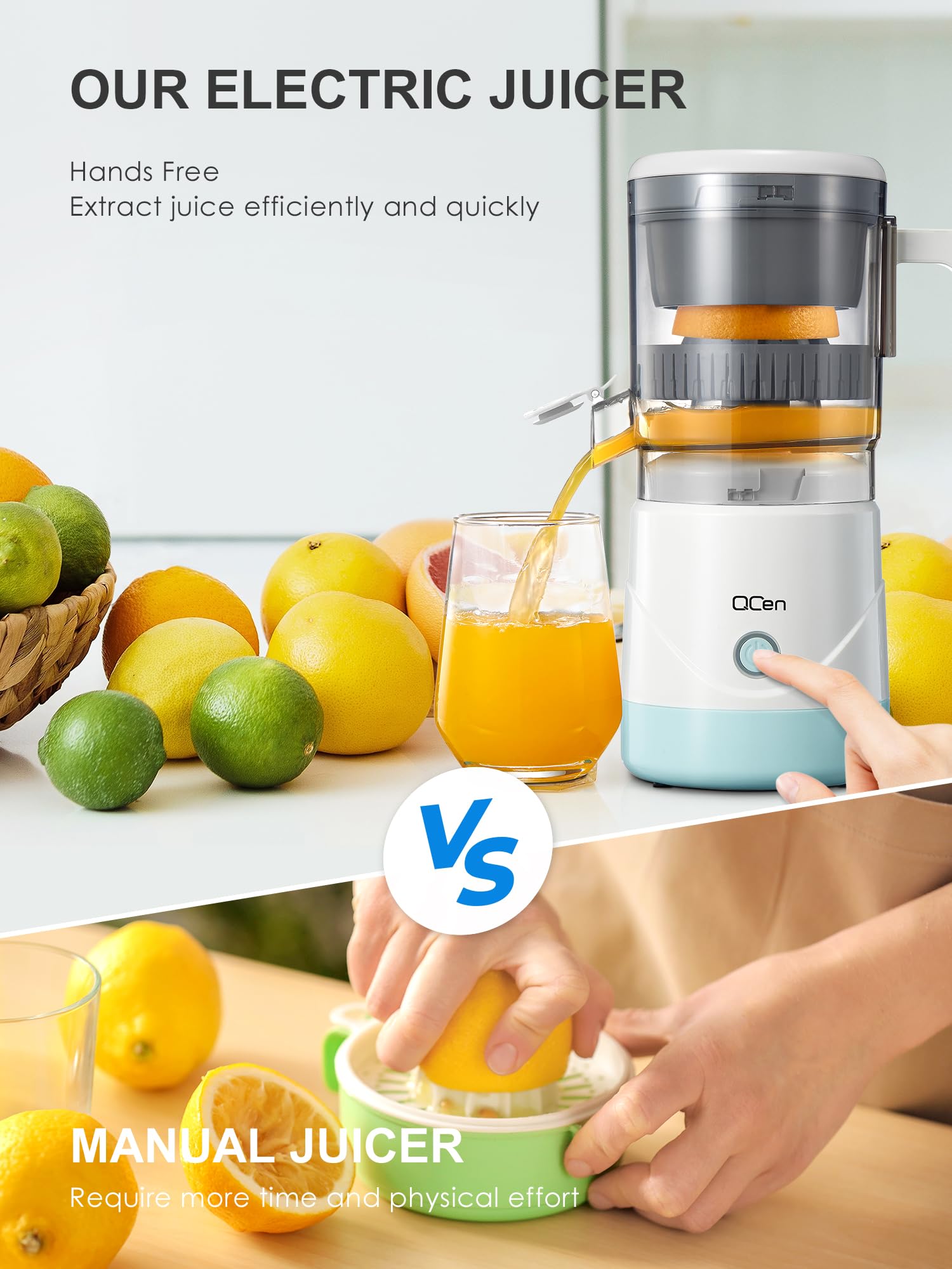 QCen Electric Citrus Juicer - Portable Orange, Lemon & Grapefruit Squeezer with One-Touch Operation, Easy to Use & Clean - Includes Cleaning Brush (White) - Perfect for Breakfast, Juice Bars & Healthy Home Cooking
