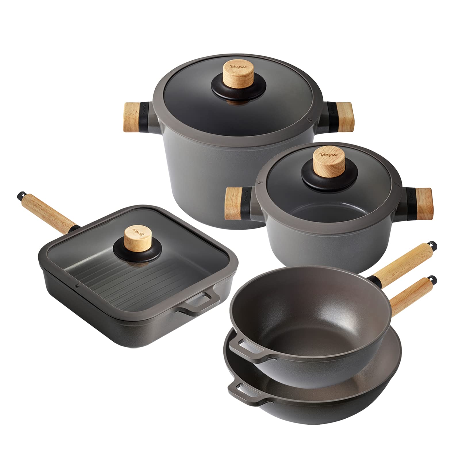 Dr. Hows Bosque Nonstick Cookware Set - 8 Piece Kitchen Set with 2 Pots, 2 Woks & Grill Pan - Induction Compatible, Lightweight & Durable - Perfect for Home Cooking, Restaurant & Outdoor Camping Use