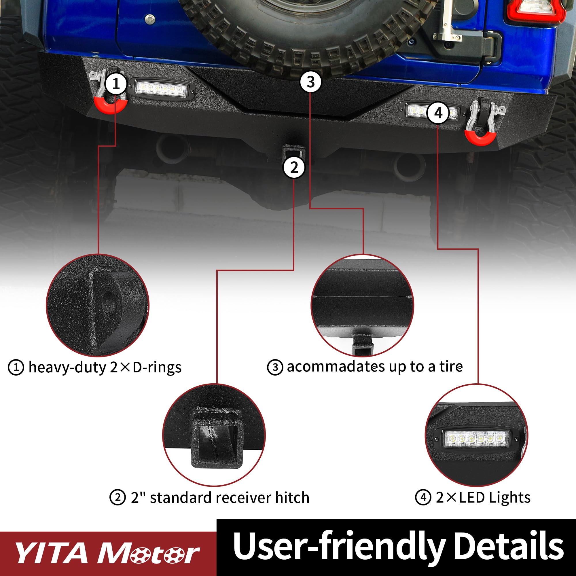 YITAMOTOR Black Rear Bumper with LED Lights, Hitch Receiver & D-Rings for 2018-2025 Jeep Wrangler JL & Unlimited | Off-Road Protection & Towing Accessories