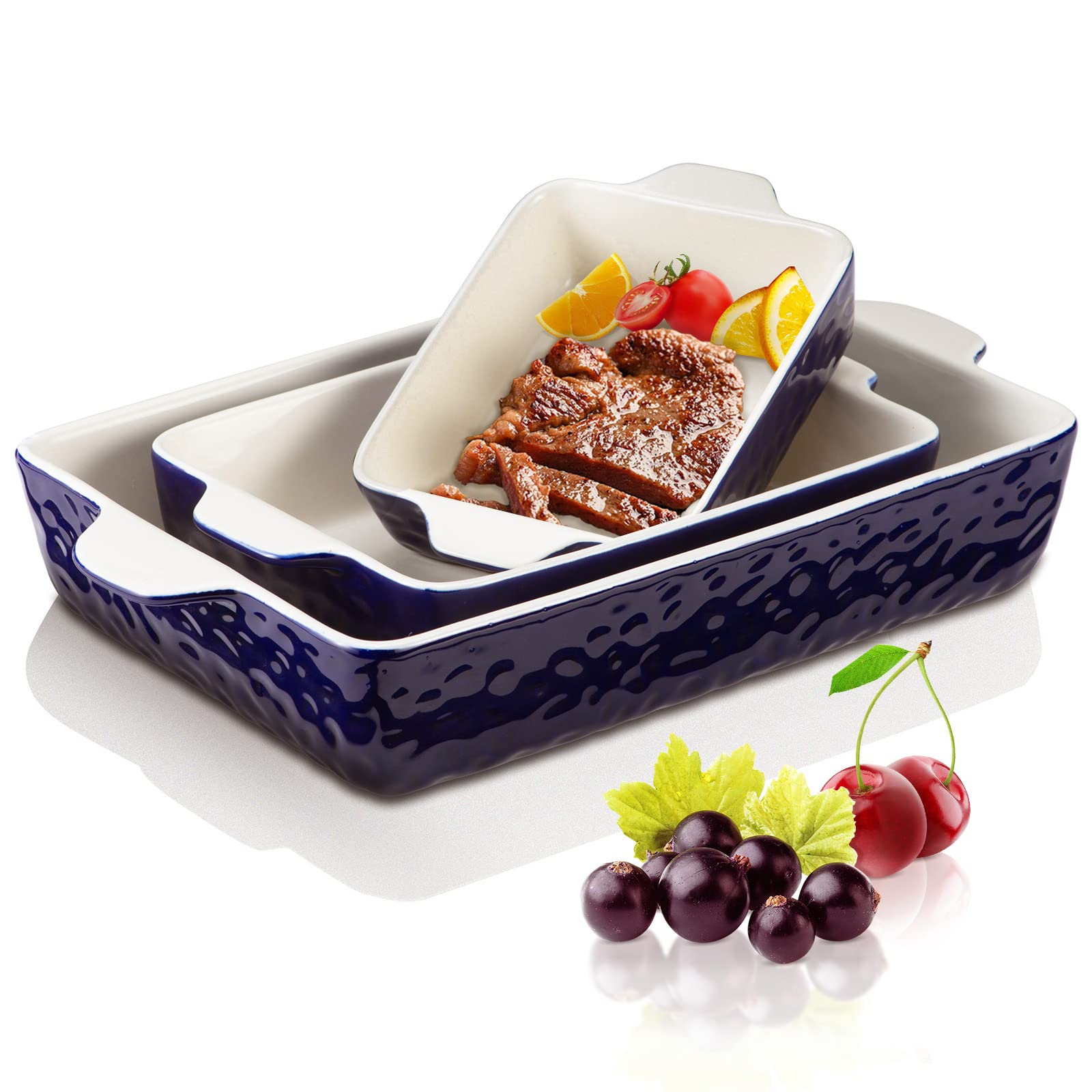 Ceramic Baking Dish Set of 3 - Oven Safe Rectangular Pans with Handles for Cooking & Baking | Perfect for Cakes, Casseroles & Daily Kitchen Use
