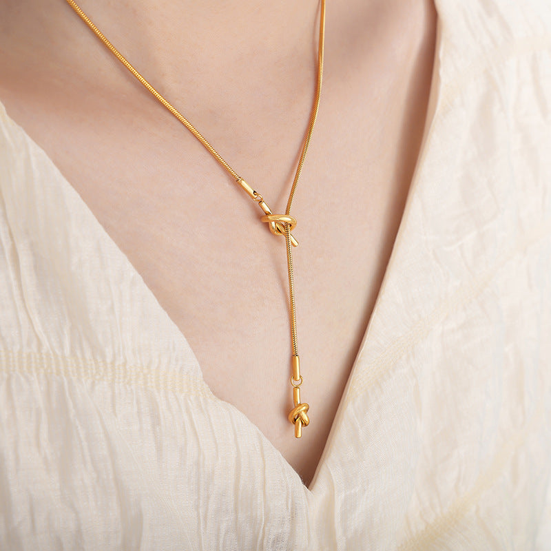 Elegant Adjustable Gold Knot Tassel Lariat Y Necklace for Women | Trendy Layered Minimalist Jewelry Gift | Perfect for Date Night, Office Wear & Special Occasions