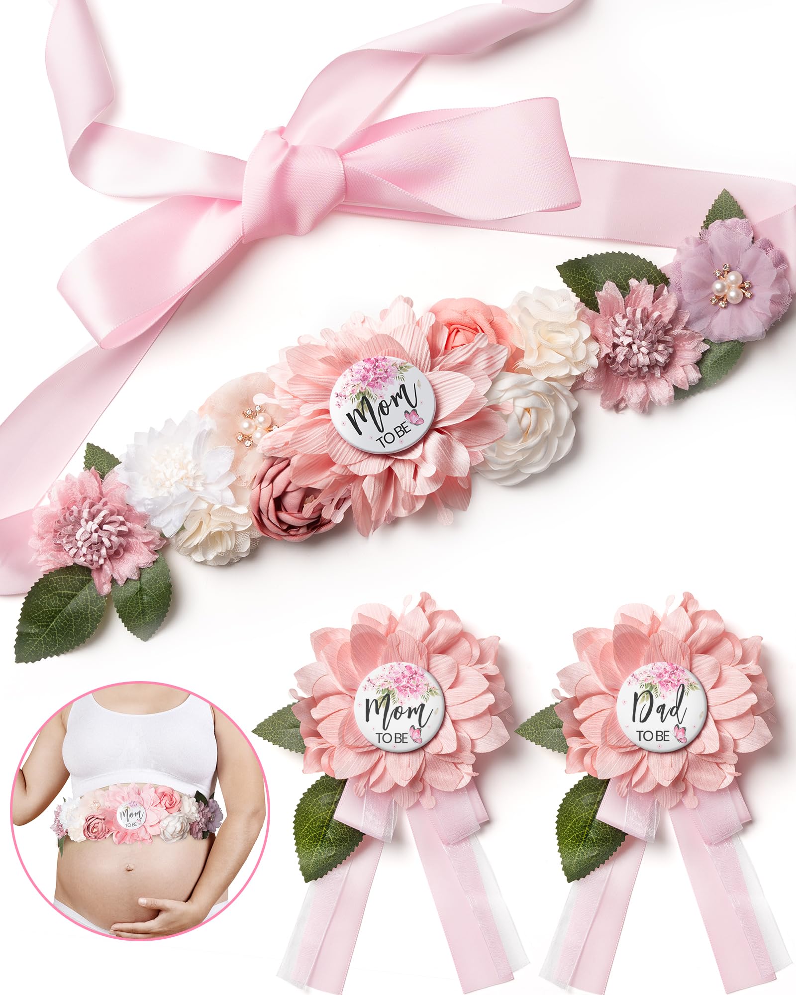 BumpPetal Flower Sash Set for Baby Showers - Mom to Be & Dad to Be Corsage Pins, Pink Floral Belt for Maternity Dresses - Perfect for Pregnancy Photos, Gender Reveal Parties & Maternity Events