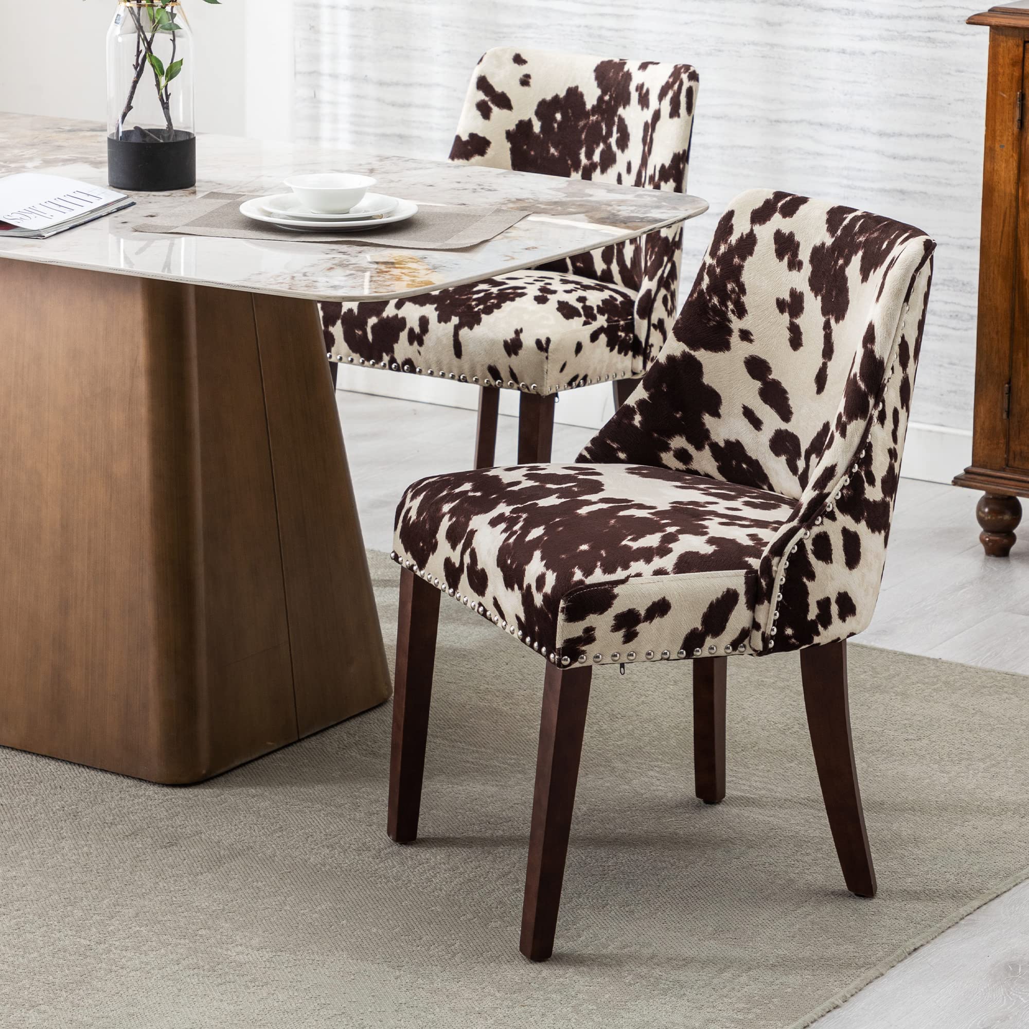 Kmax Fabric Dining Chairs Set of 2 - Upholstered Side Chairs with Wood Legs & Nailhead Trim - Farmhouse Style Accent Chairs for Dining Room, Guest Room, Restaurant - Perfect for Home Decor, Kitchen, and Office Use