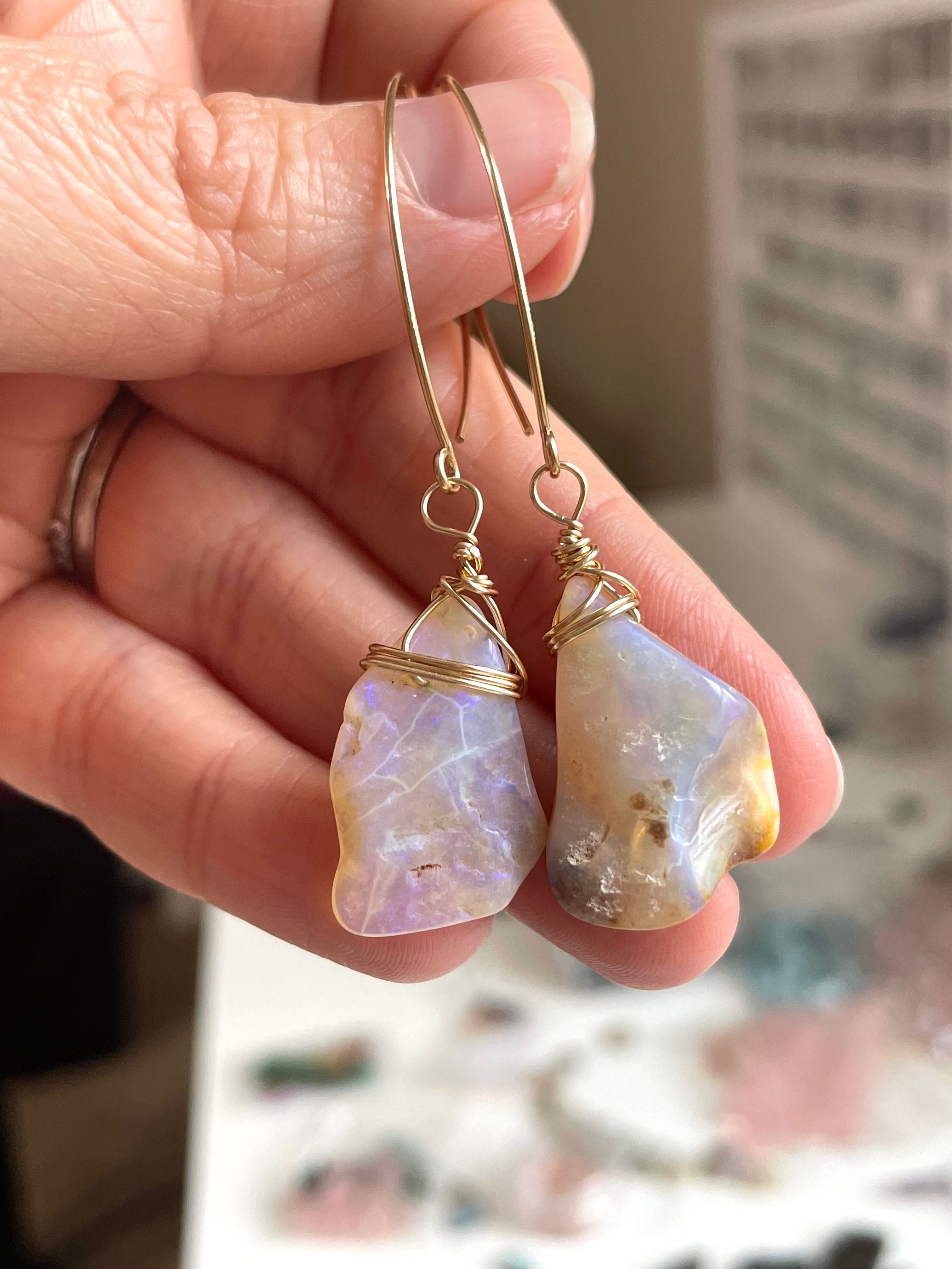 Large Australian Opal Dangle Earrings in Gold Filled - Elegant Statement Jewelry for Women, Perfect for Parties, Weddings & Special Occasions