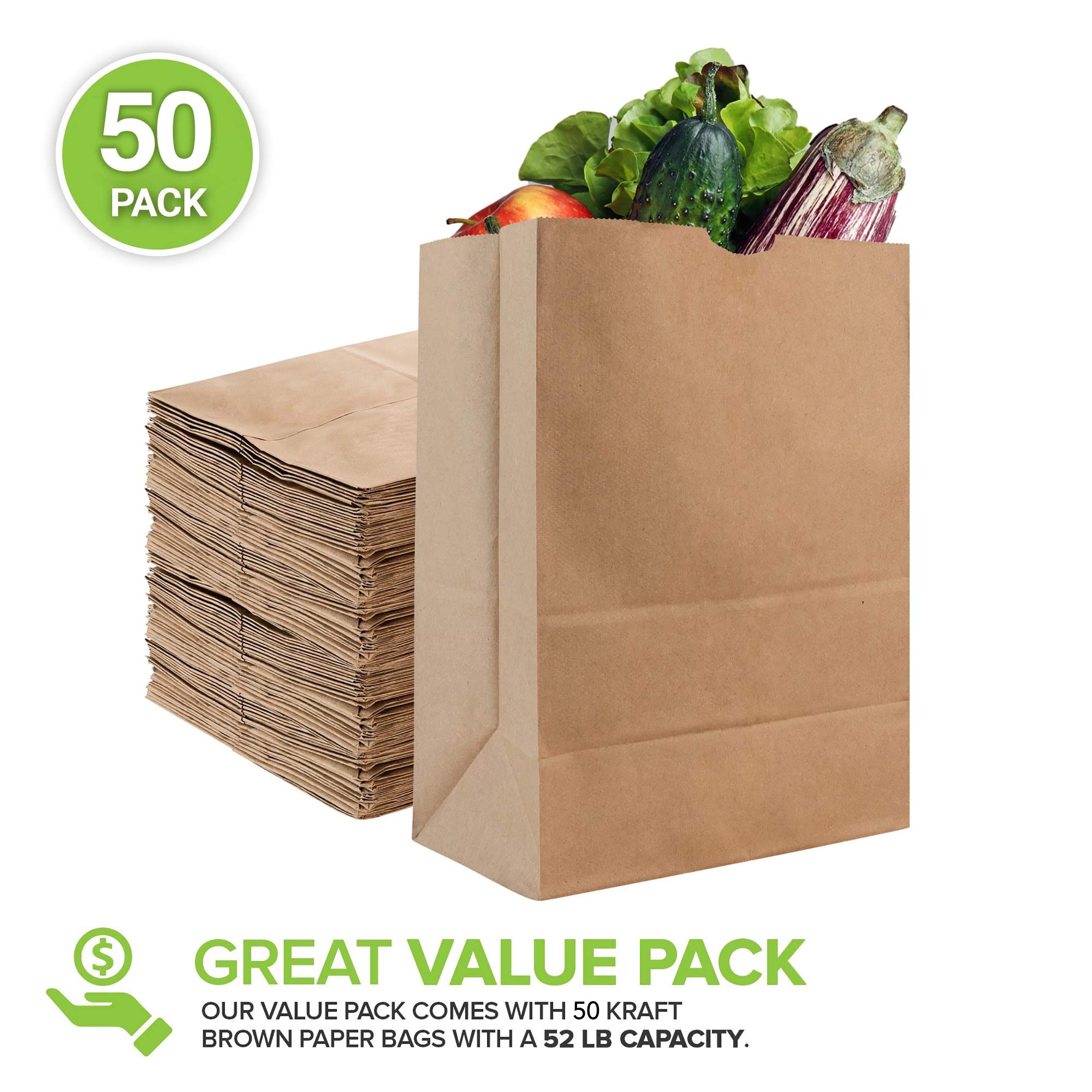 Stock Your Home 52 Lb Kraft Brown Paper Bags (50 Count) - Eco-Friendly Bulk Grocery Bags for Shopping, Takeout & Retail Packaging - Heavy Duty Large Paper Bags for Supermarkets, Restaurants & Farmers Markets