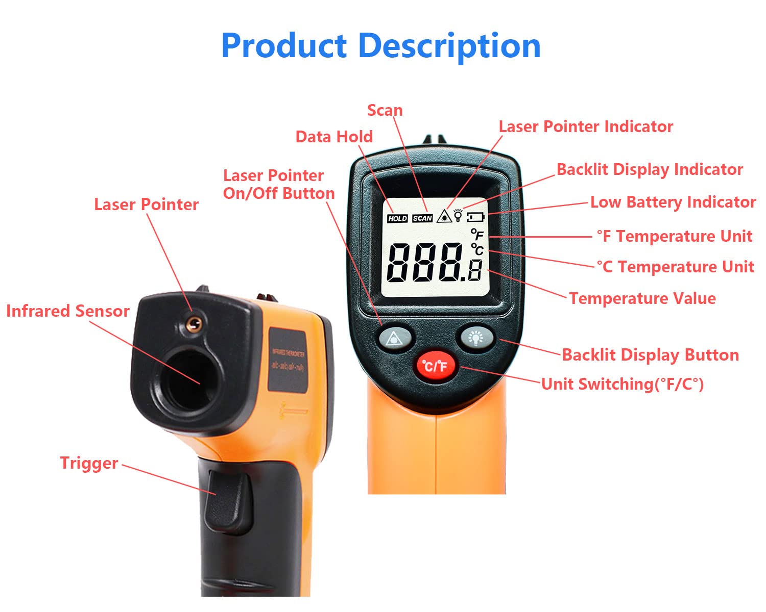 Non-Contact Infrared Thermometer Gun -58°F to 752°F (-50°C to 400°C) Digital Laser Temperature Gun for Cooking, Freezer, Oven & Industrial Use - Perfect for Grilling, Baking, HVAC & Food Safety Checks