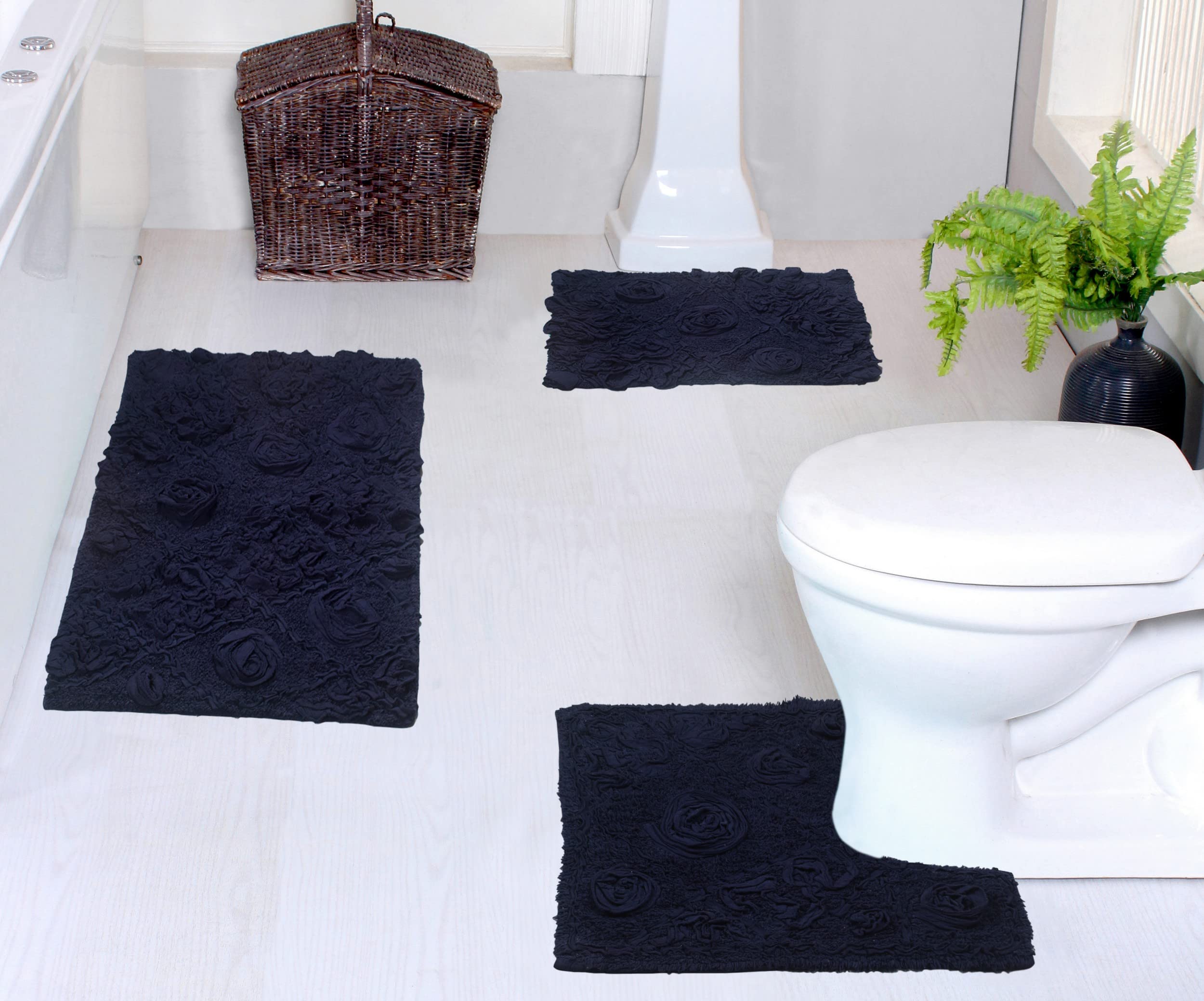 Home Weavers Modesto 100% Cotton Bath Rug Set - Ultra Soft, Absorbent & Washable Non-Slip Bathroom Mats - 3 Piece Contour Set in Navy Blue | Perfect for Bathroom, Kitchen & Entryway Floor Protection