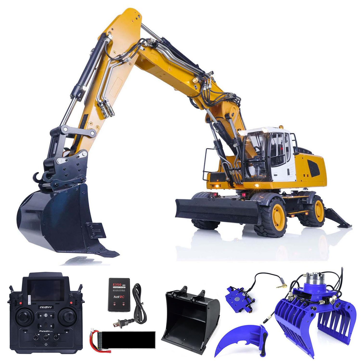 TOUCAN RC 1/14 Scale Hydraulic Excavator Toy - Remote Control Construction Vehicle with Wheeled Chassis, 946 Pl18Ev Model, Includes Digger, Ripper & Grab Attachments - Perfect for Kids Outdoor Play & Construction Enthusiasts