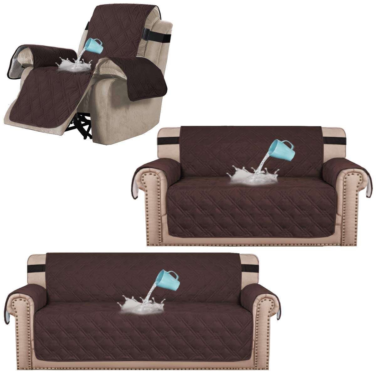 H.VERSAILTEX 100% Waterproof Quilted Sofa Cover & Loveseat Cover Set - Oversized Recliner Slipcover for Pets, Kids & Spills Protection - Perfect for Living Room, Family Room & Home Decor
