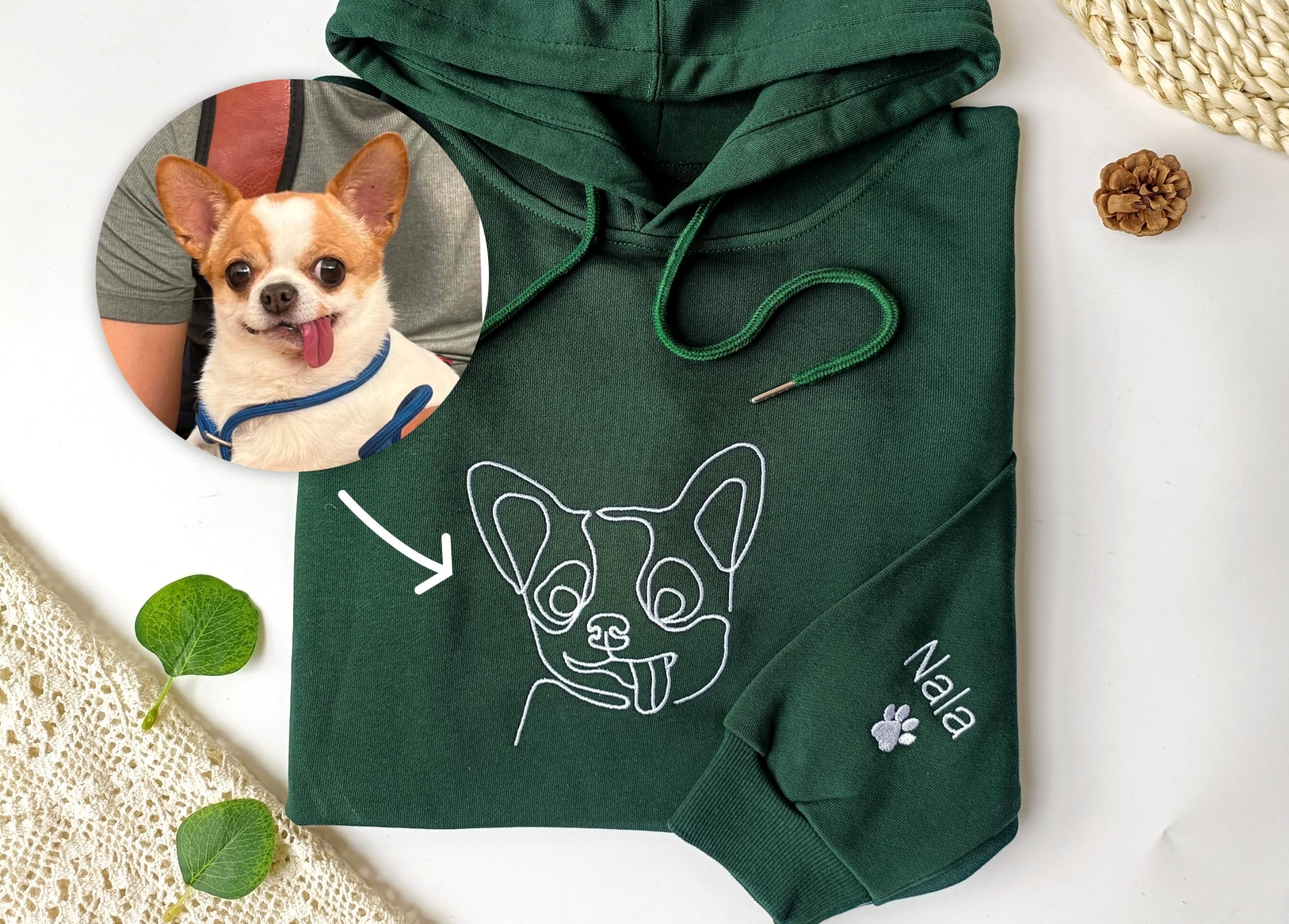 Custom Embroidered Dog Mom Sweatshirt & Hoodie - Personalized Pet Portrait Line Art - Women's Dog Lover Gift with Name on Sleeve - Cozy Casual Wear for Dog Owners, Walks & Pet Lover Events