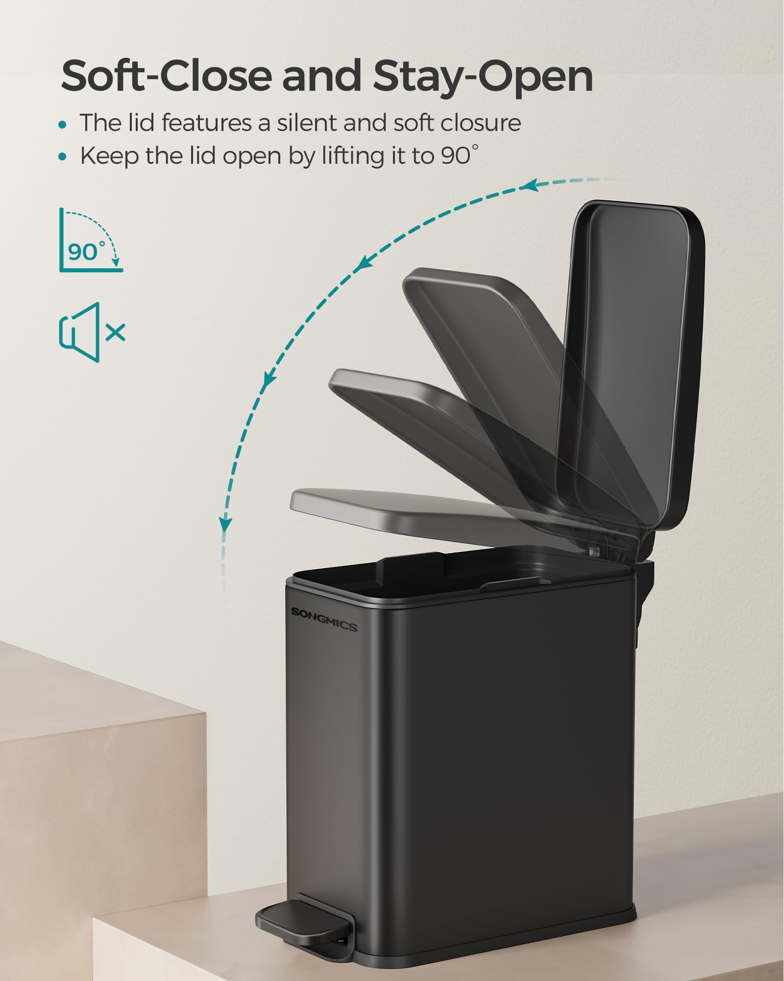 SONGMICS 2.6 Gallon Slim Stainless Steel Bathroom Trash Can with Soft Close Lid - Space Saving Small Garbage Bin for Bathroom, Kitchen, Office - Black ULTB561B10