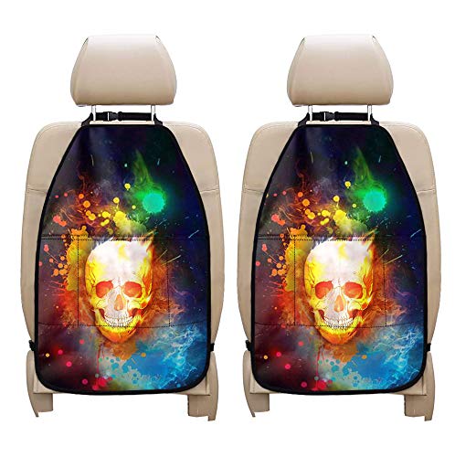 JEOCODY Halloween Skull Car Seat Organizer - 2 Pack with Transparent Phone Pocket & Kick Mat Protector - Perfect for Halloween Decor, Car Accessories, and Backseat Organization