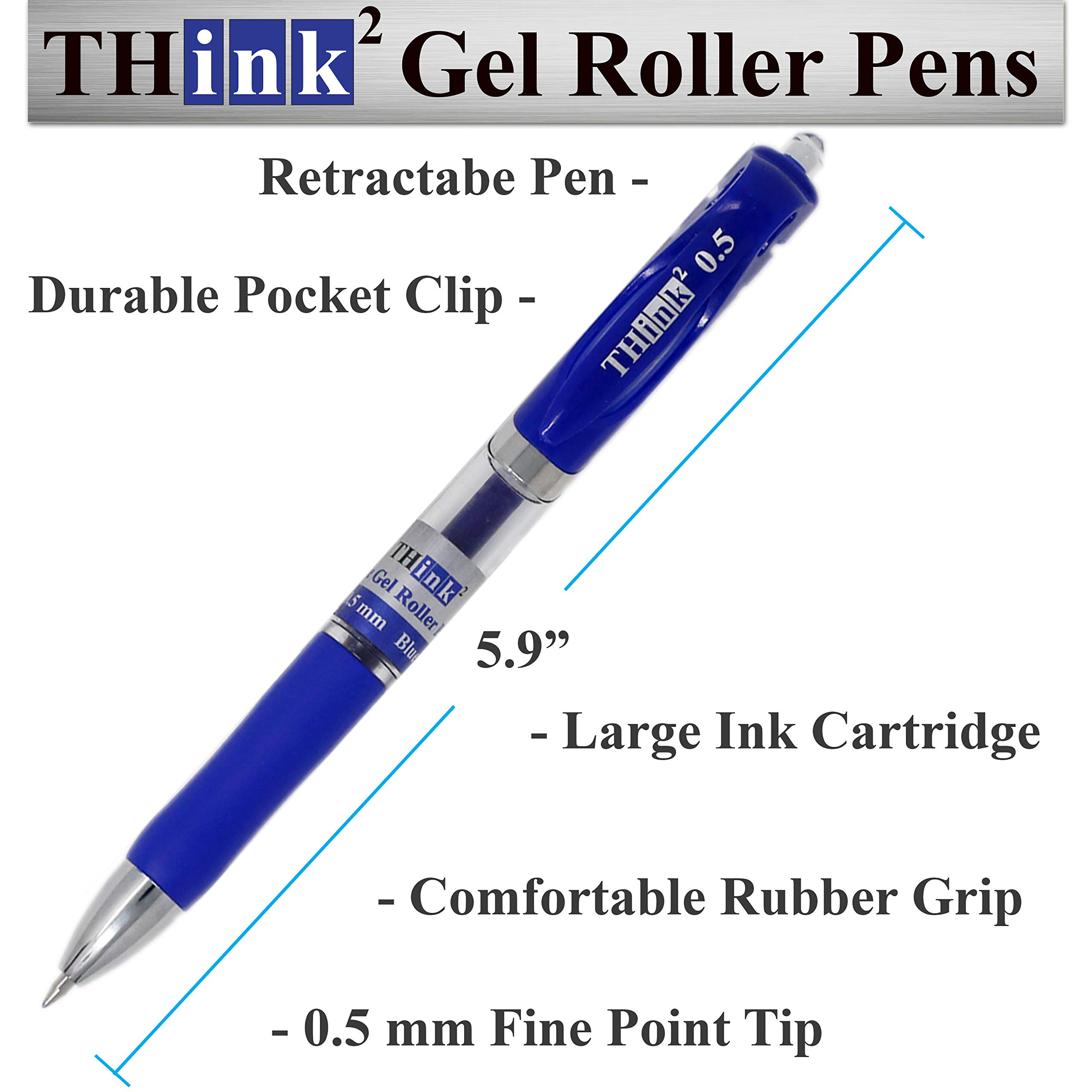 Think2Master 24 Pack Retractable Gel Pens - Blue Ink, Fine Point 0.5mm Rollerball Pens with Comfort Grip for Smooth Writing - Perfect for Office, School, Note Taking & Journaling