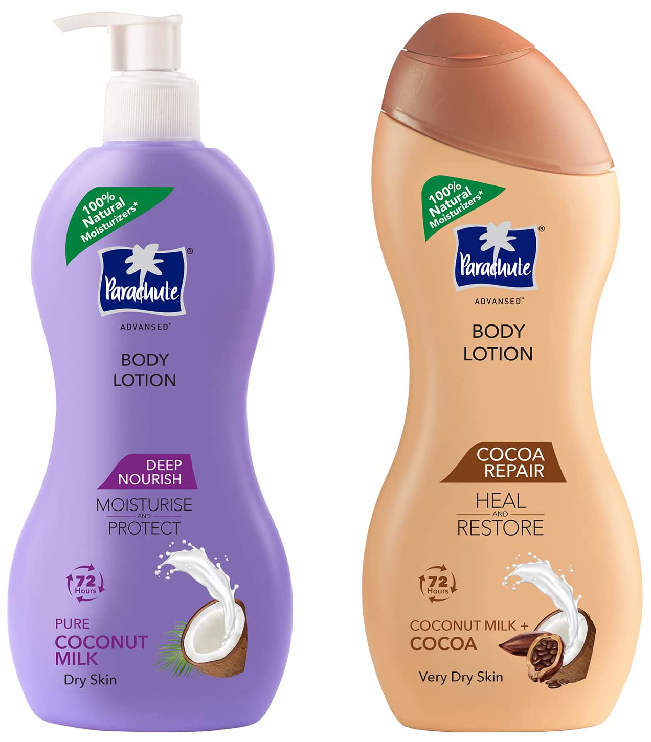 Parachute Advanced Deep Nourish Body Lotion with Pure Coconut Milk, 400ml | Natural Moisturizer for Dry Skin | Perfect for Daily Hydration & Post-Shower Care  Parachute Advanced Cocoa Repair Body Lotion with Pure Coconut Milk & Cocoa Butter, 250ml | 100% Natural Moisturizer | Ideal for Nighttime Skin Repair & Winter Skin Protection