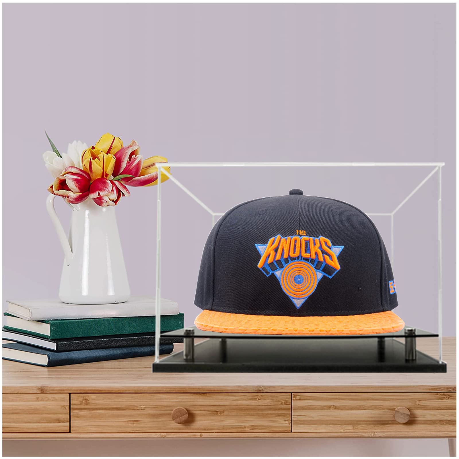Acrylic Baseball Cap Display Case with Metal Base - Clear Hat Holder Stand for Baseball, Football, Snapback Caps & Mini Helmets - Perfect for Collectors, Retail Stores & Home Decor