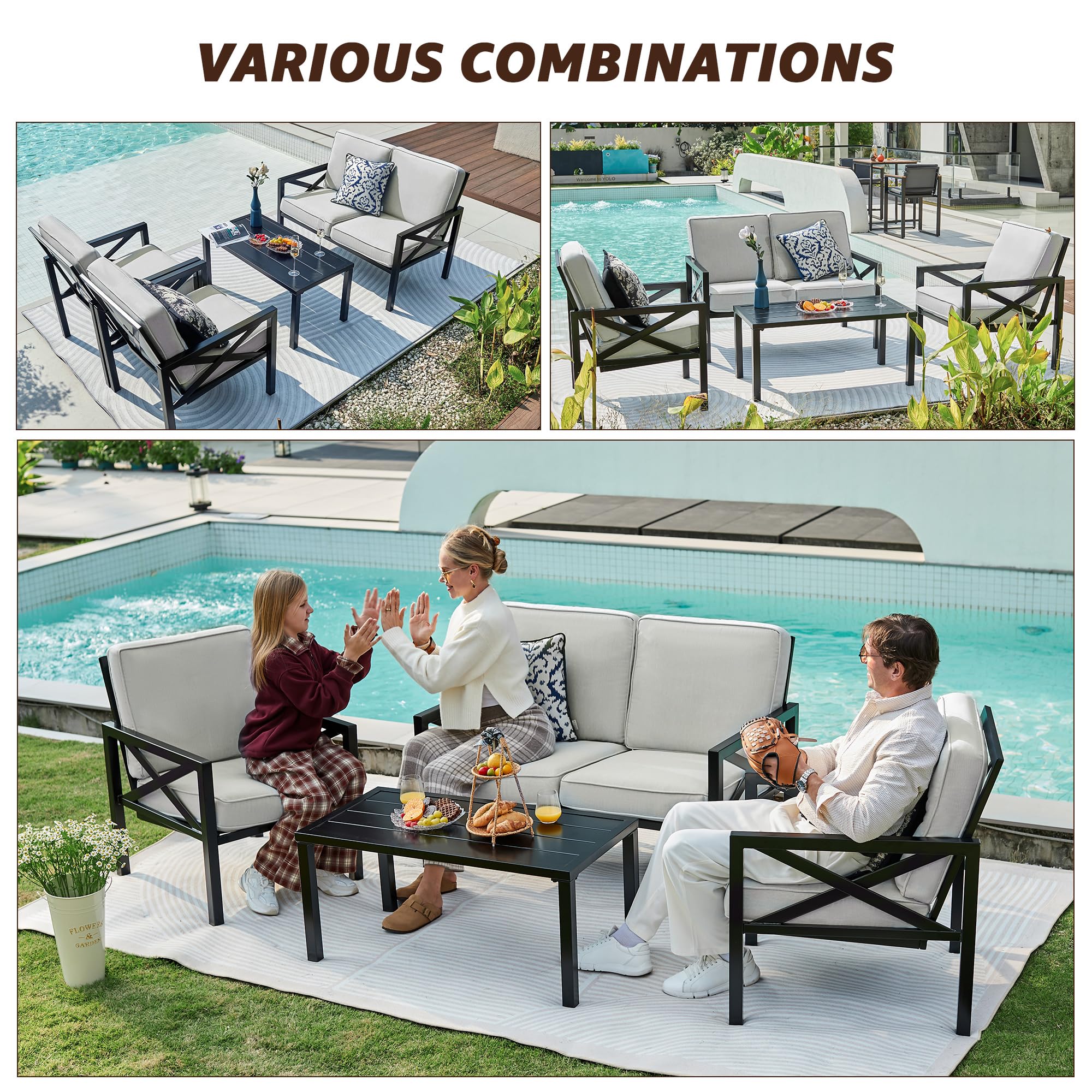 Modern 4-Piece Outdoor Patio Furniture Set - Metal Sectional Sofa with 5.5
