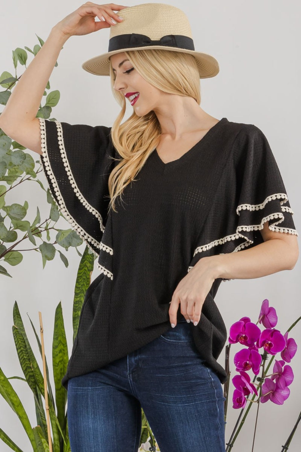 Celeste Women's V-Neck Lace Trim Flutter Sleeve Blouse - Elegant Flowy Top for Casual Wear, Date Night & Office Outfits