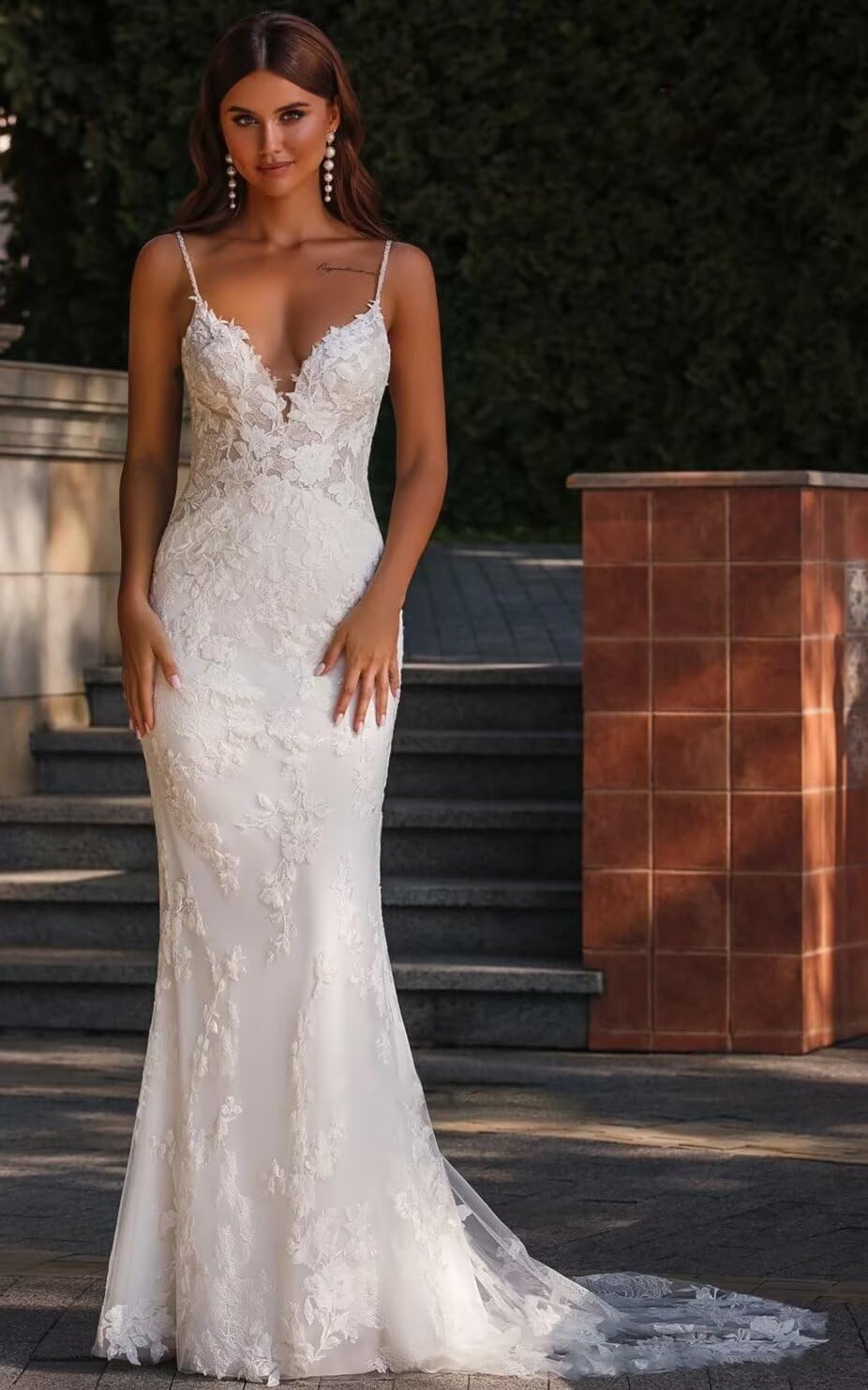 Elegant Lace Applique Mermaid Wedding Dress for Bride - Spaghetti Straps V-Neck Long Bridal Gown 2025 | Perfect for Beach, Church, and Formal Wedding Ceremonies
