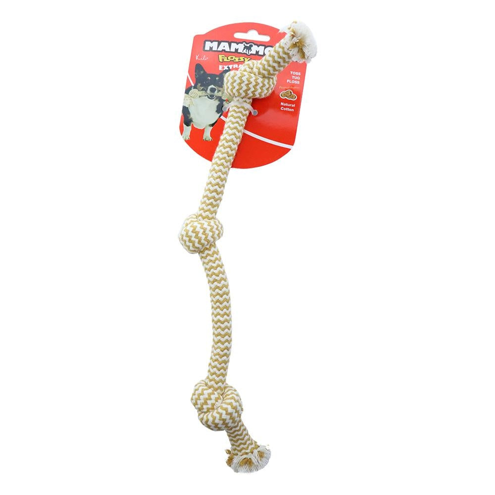 Extra Peanut Butter Scented Flossy Chews 3 Knots Dog Tug Toy - Durable Chew Toy for Aggressive Chewers, Interactive Play & Dental Health - Perfect for Indoor/Outdoor Fetch, Training & Bonding with Your Puppy